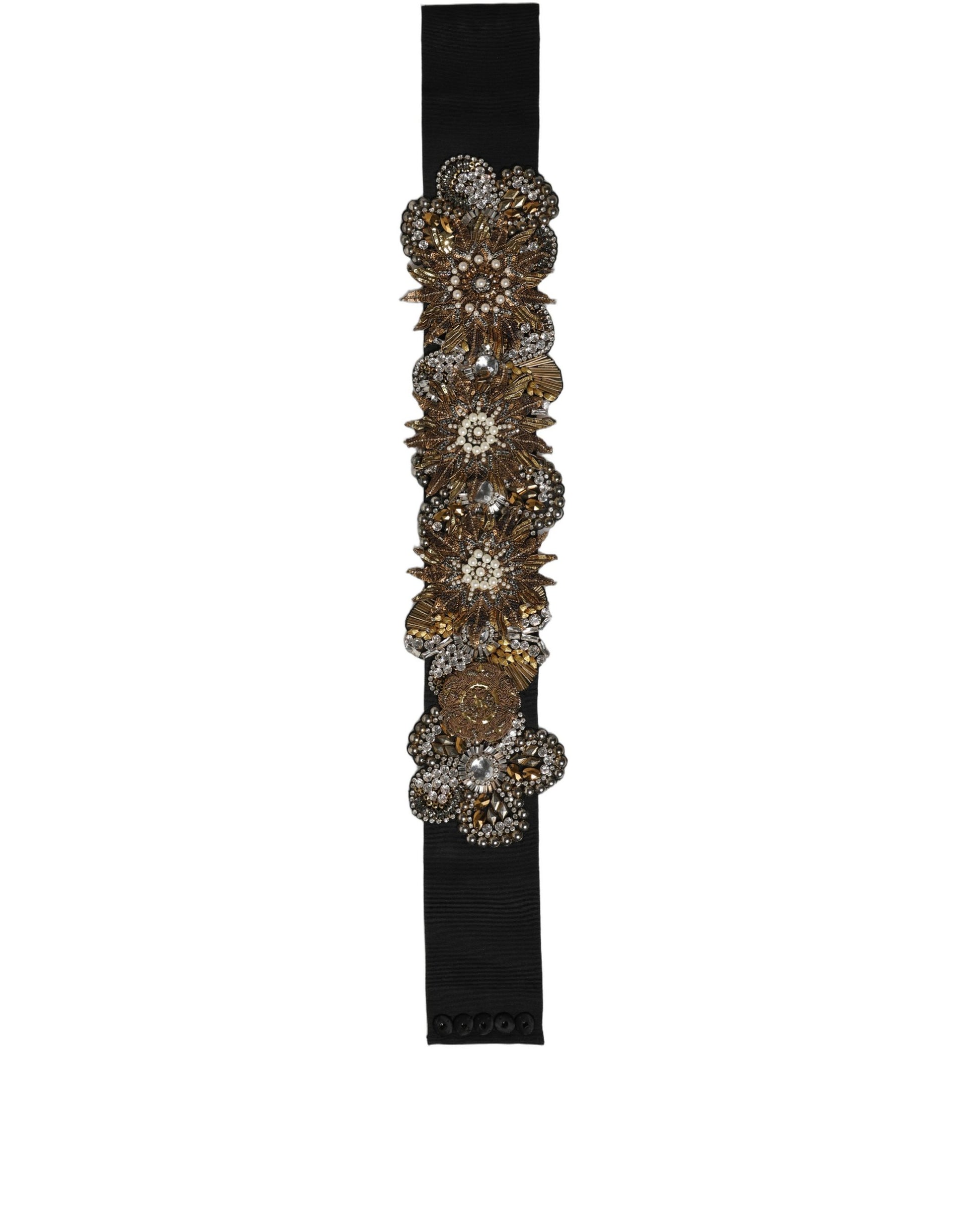 Dolce & Gabbana Black Gold Tone Crystal Brass Flower Brooches Belt Curated Luxury Accessories by Orvyn
