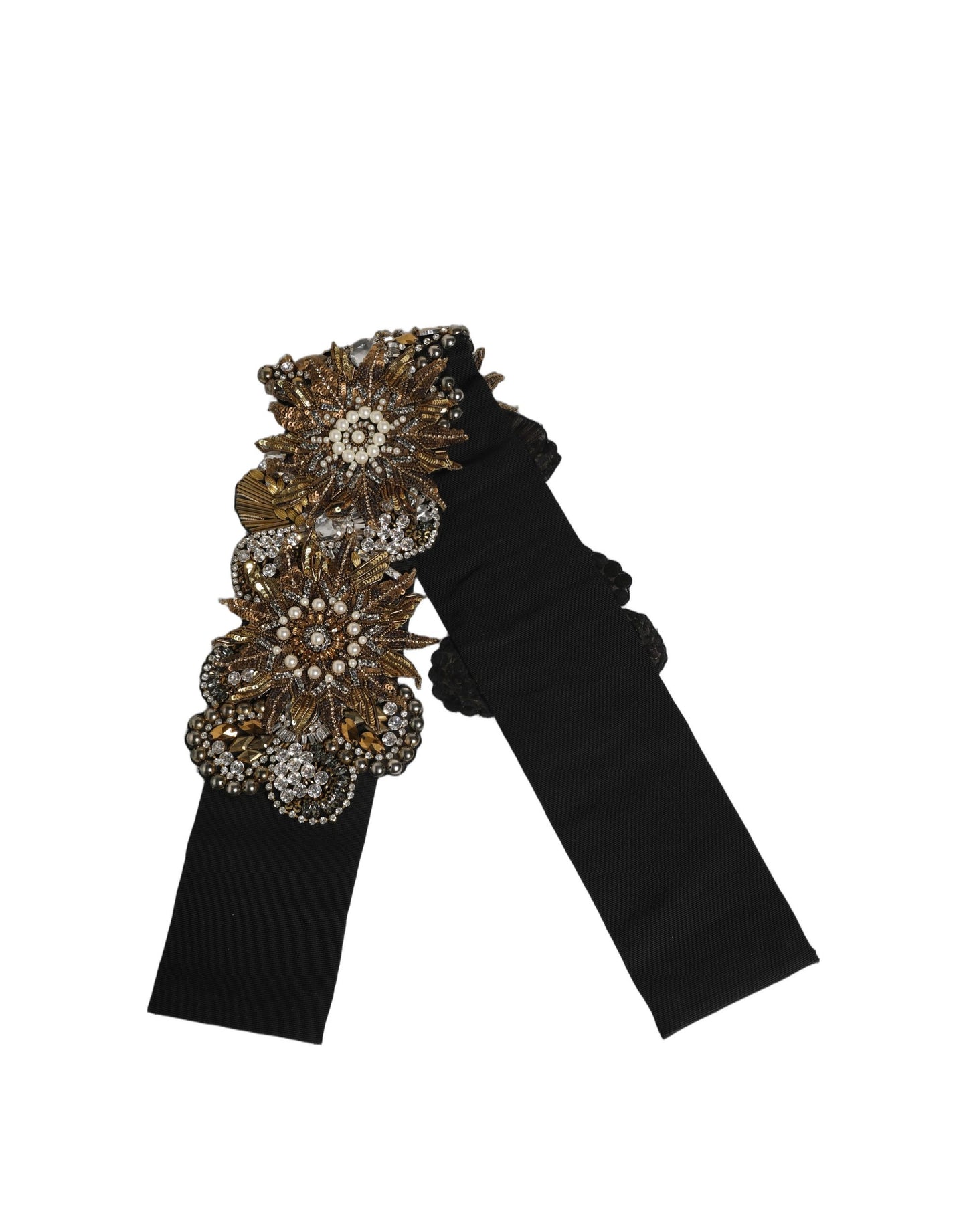 Dolce & Gabbana Black Gold Tone Crystal Brass Flower Brooches Belt Curated Luxury Accessories by Orvyn