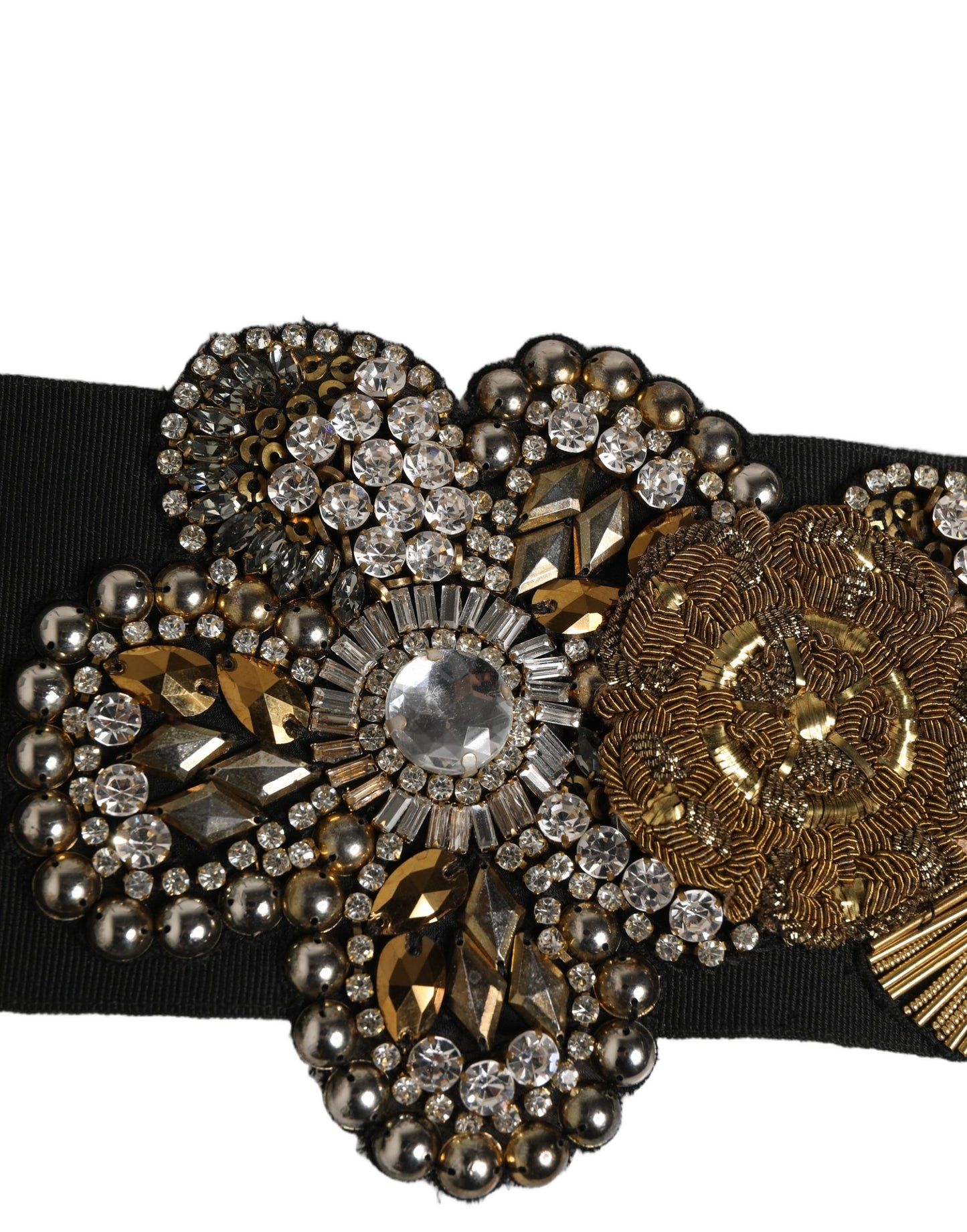 Dolce & Gabbana Black Gold Tone Crystal Brass Flower Brooches Belt Curated Luxury Accessories by Orvyn