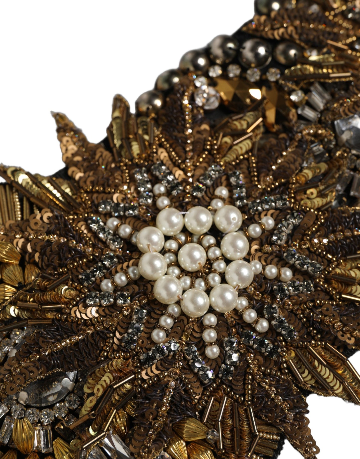 Dolce & Gabbana Black Gold Tone Crystal Brass Flower Brooches Belt Curated Luxury Accessories by Orvyn