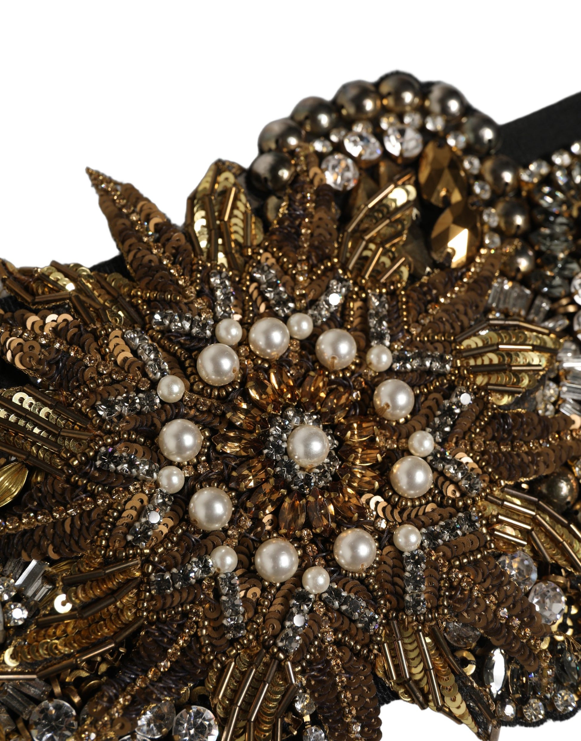 Dolce & Gabbana Black Gold Tone Crystal Brass Flower Brooches Belt Curated Luxury Accessories by Orvyn