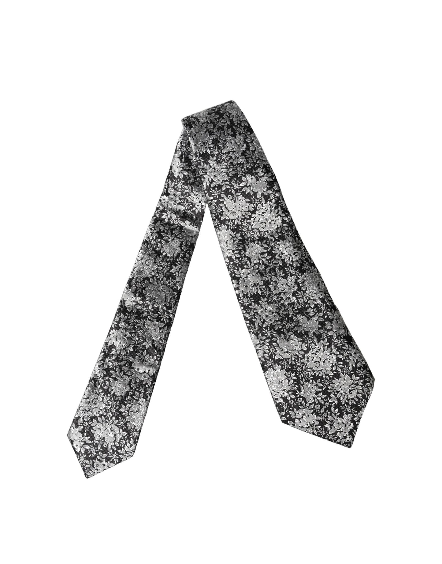 Dolce & Gabbana Black Silver Floral Silk Adjustable Women Necktie Tie Curated Luxury Accessories by Orvyn