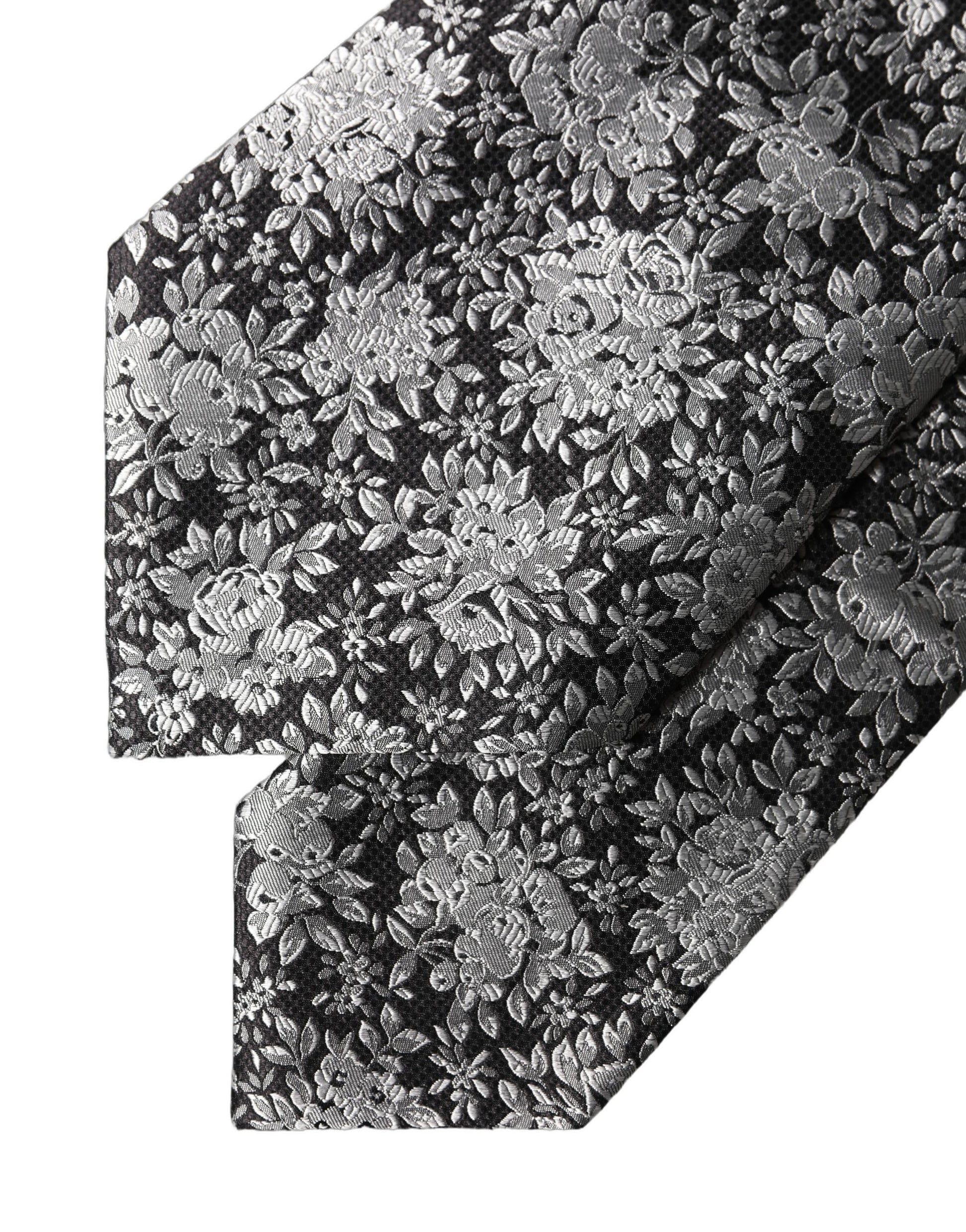 Dolce & Gabbana Black Silver Floral Silk Adjustable Women Necktie Tie Curated Luxury Accessories by Orvyn