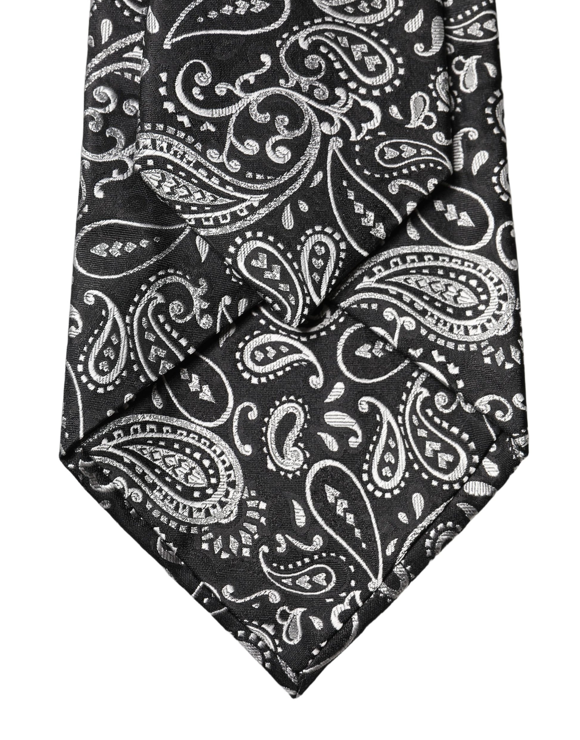 Dolce & Gabbana Black White Paisley Silk Adjustable Women Necktie Tie Curated Luxury Accessories by Orvyn