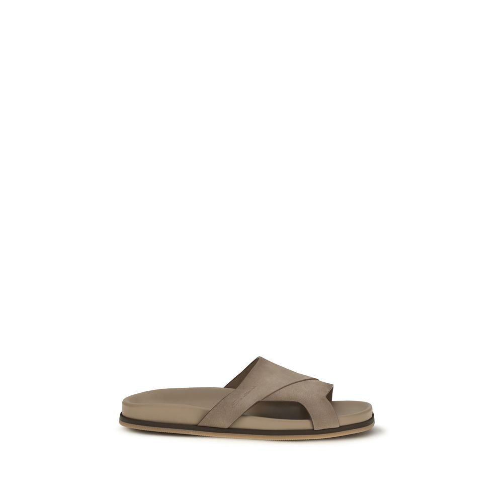 Santoni Beige Calf Leather Bos Taurus Flat Sandals Curated Luxury Accessories by Orvyn
