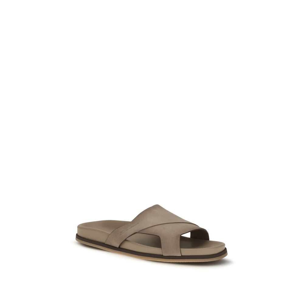 Santoni Beige Calf Leather Bos Taurus Flat Sandals Curated Luxury Accessories by Orvyn