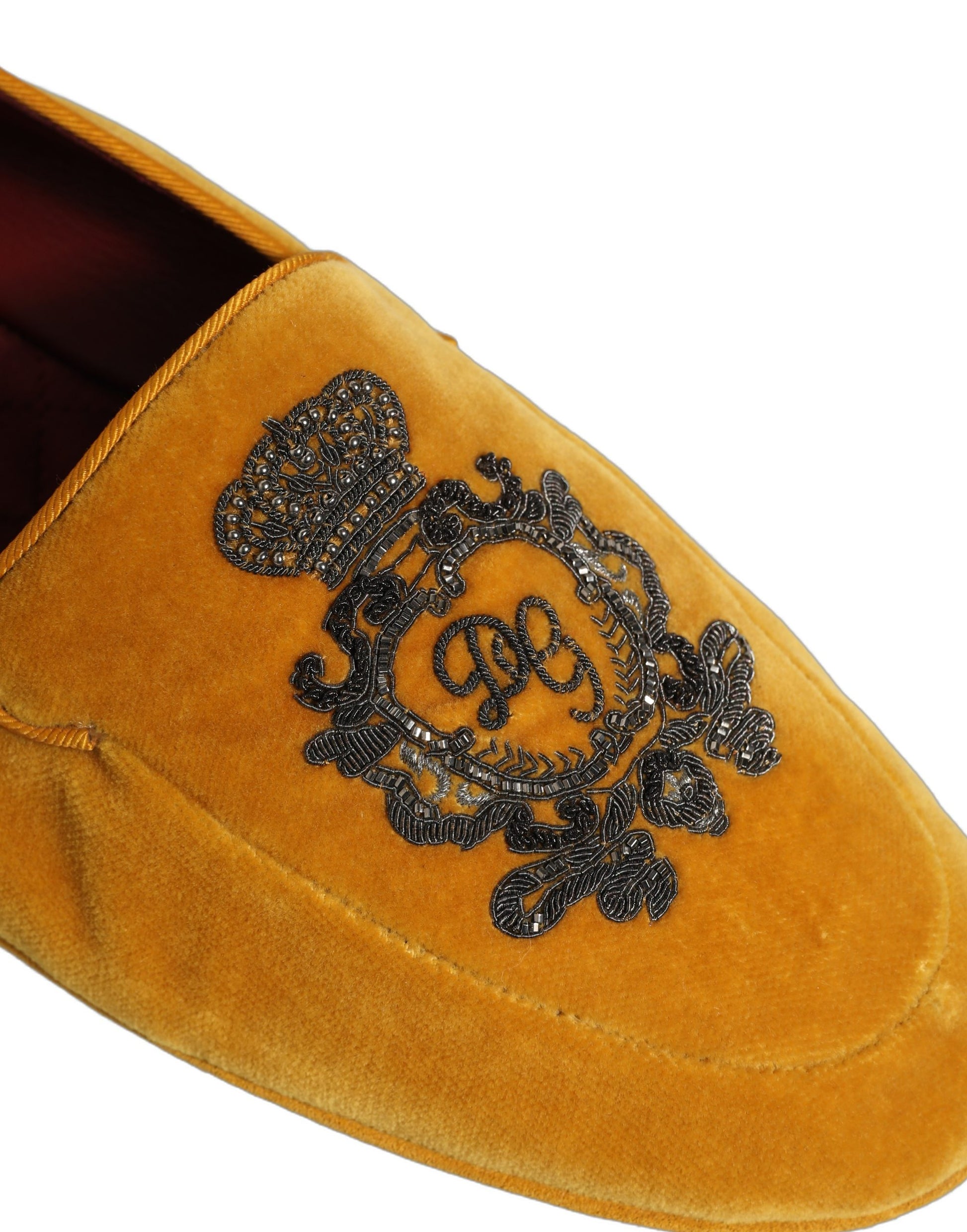 Dolce & Gabbana Yellow Velvet Crown Embroidery Loafers Shoes Curated Luxury Accessories by Orvyn