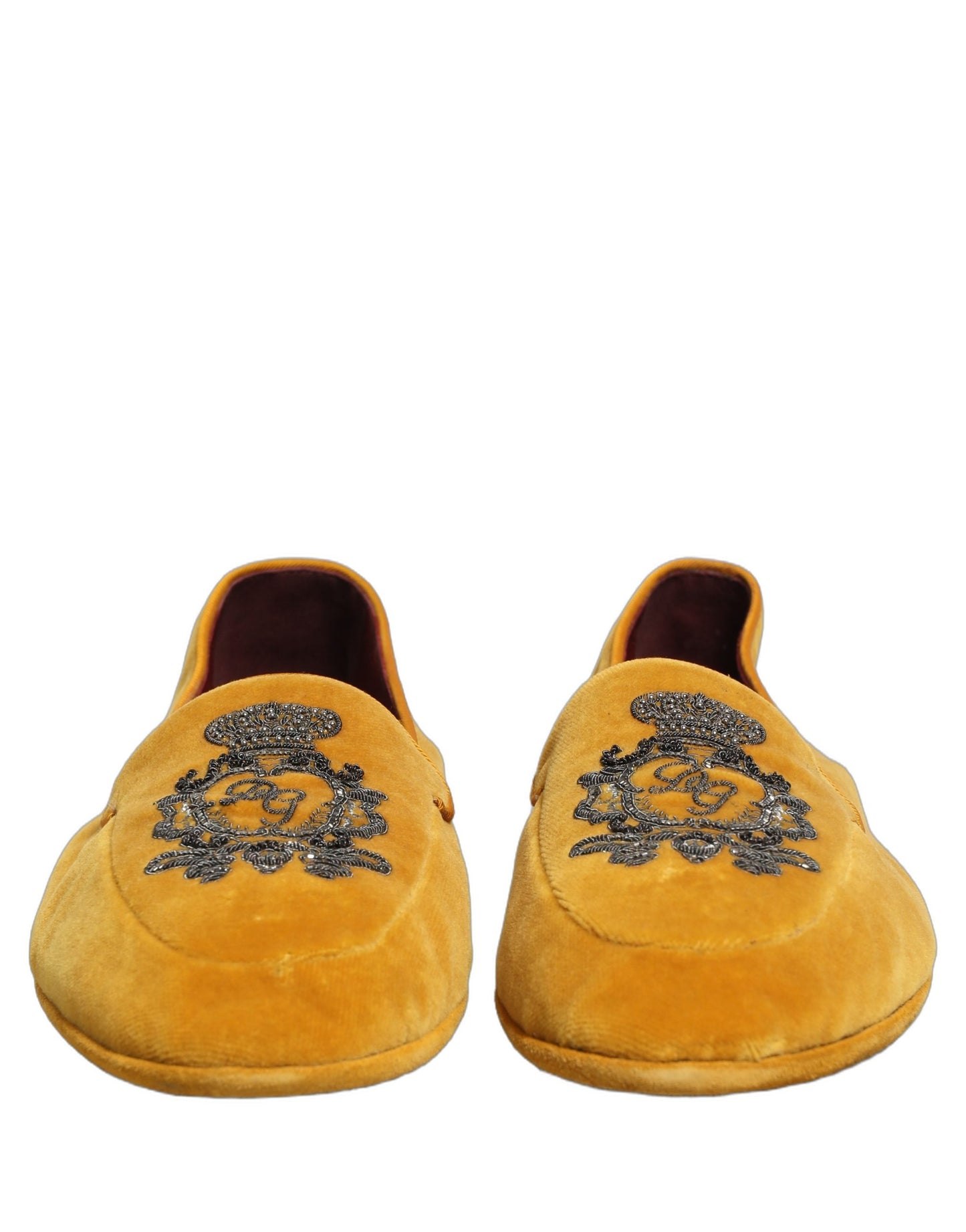 Dolce & Gabbana Yellow Velvet Crown Embroidery Loafers Shoes Curated Luxury Accessories by Orvyn