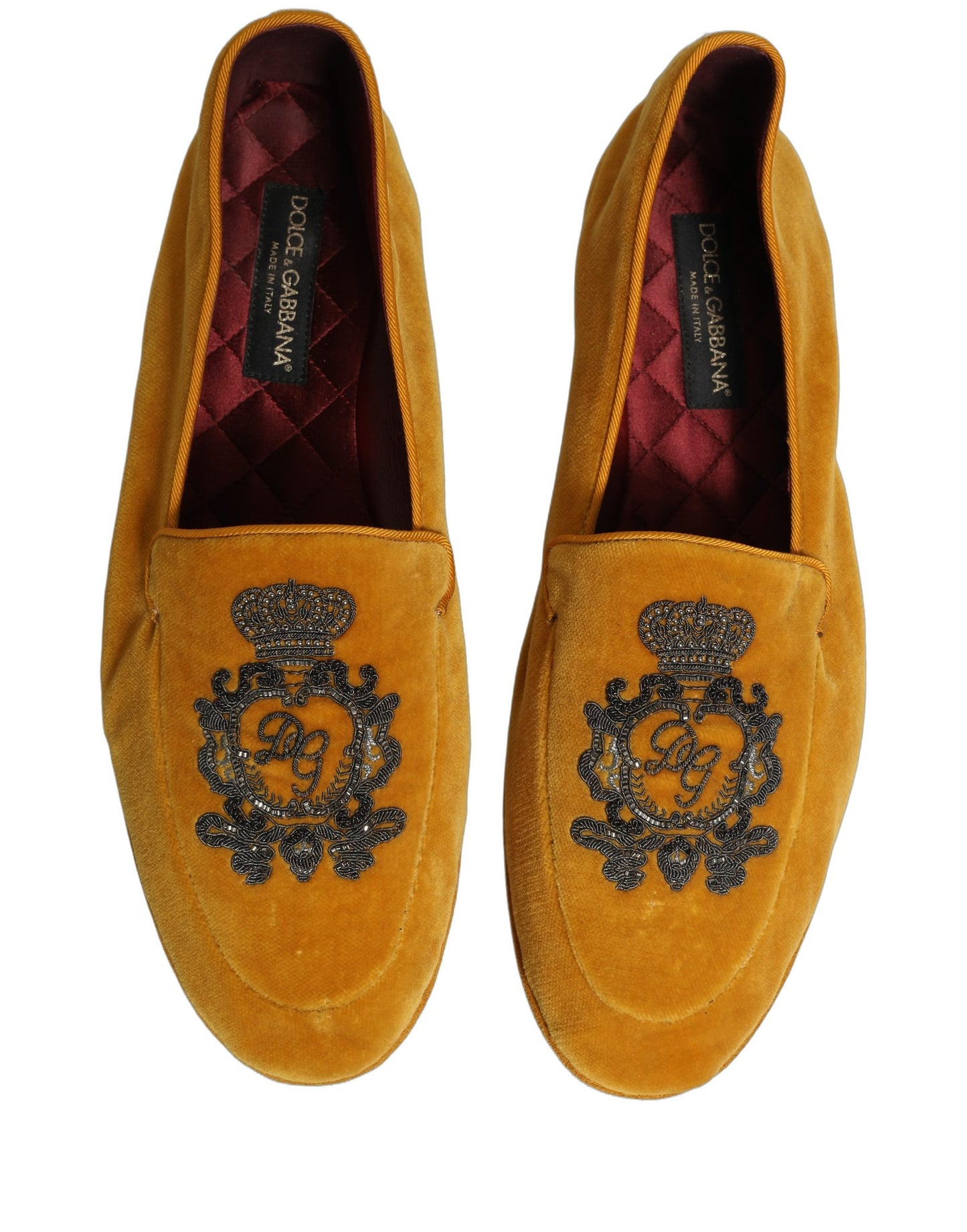 Dolce & Gabbana Yellow Velvet Crown Embroidery Loafers Shoes Curated Luxury Accessories by Orvyn