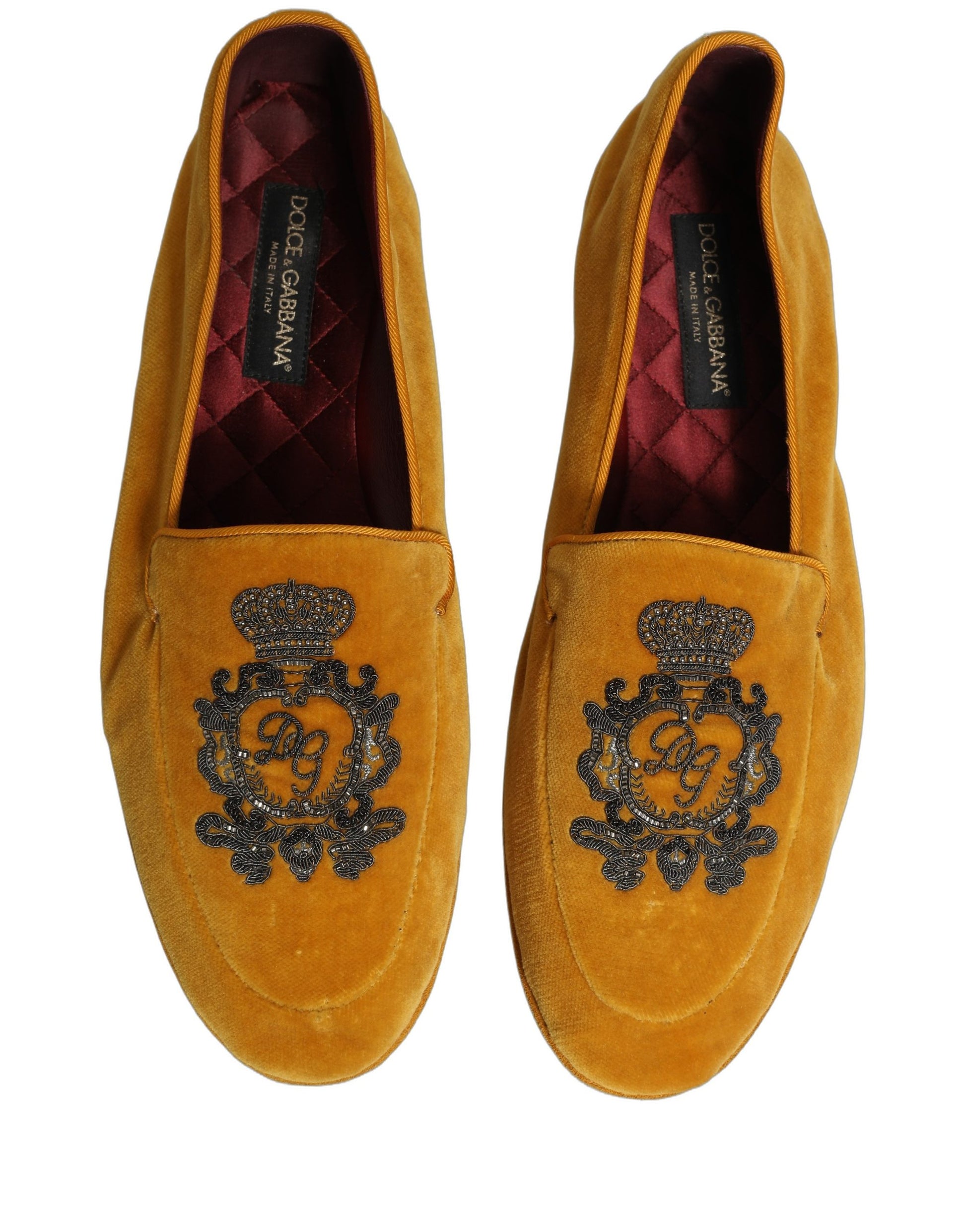 Dolce & Gabbana Yellow Velvet Crown Embroidery Loafers Shoes Curated Luxury Accessories by Orvyn