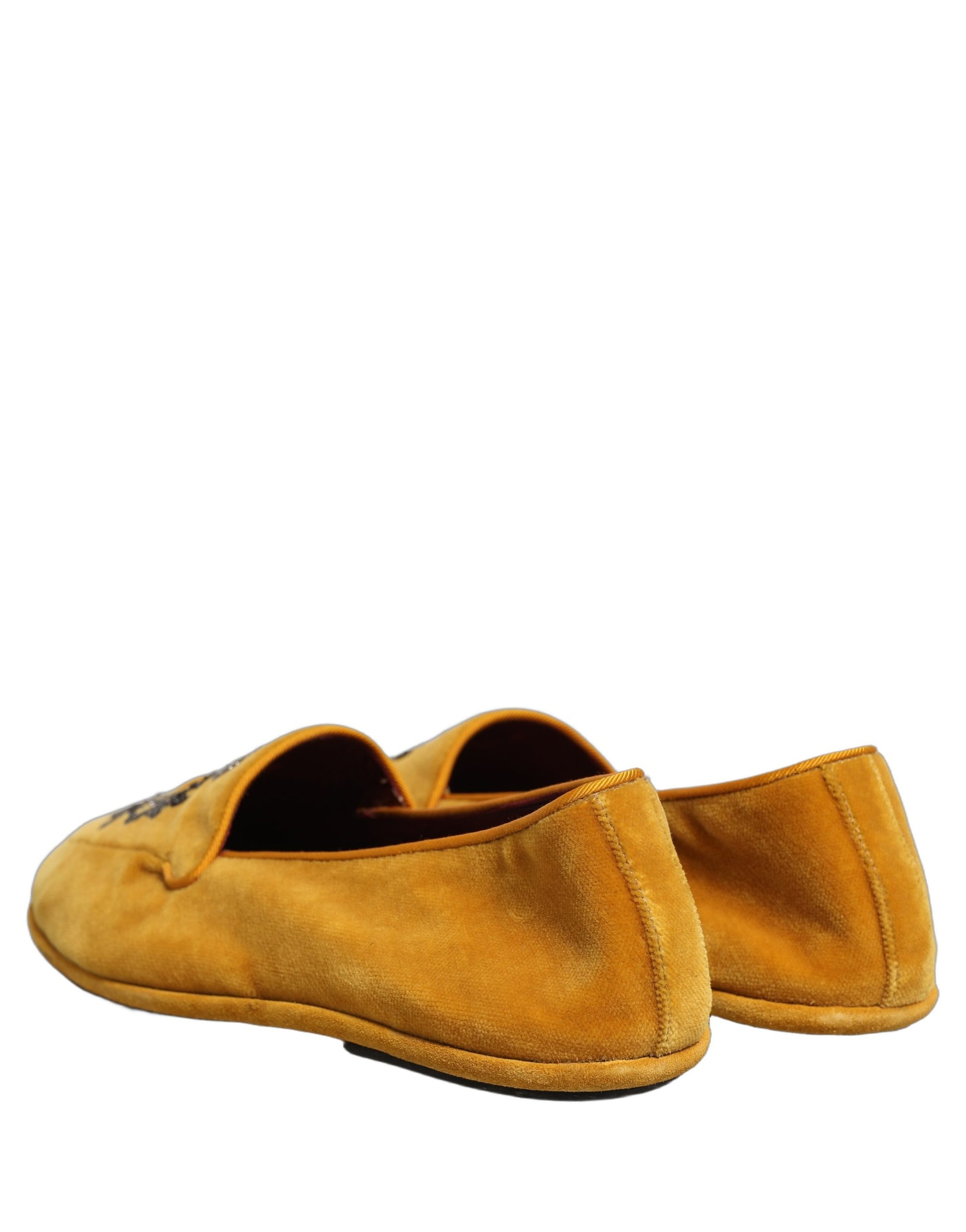 Dolce & Gabbana Yellow Velvet Crown Embroidery Loafers Shoes Curated Luxury Accessories by Orvyn