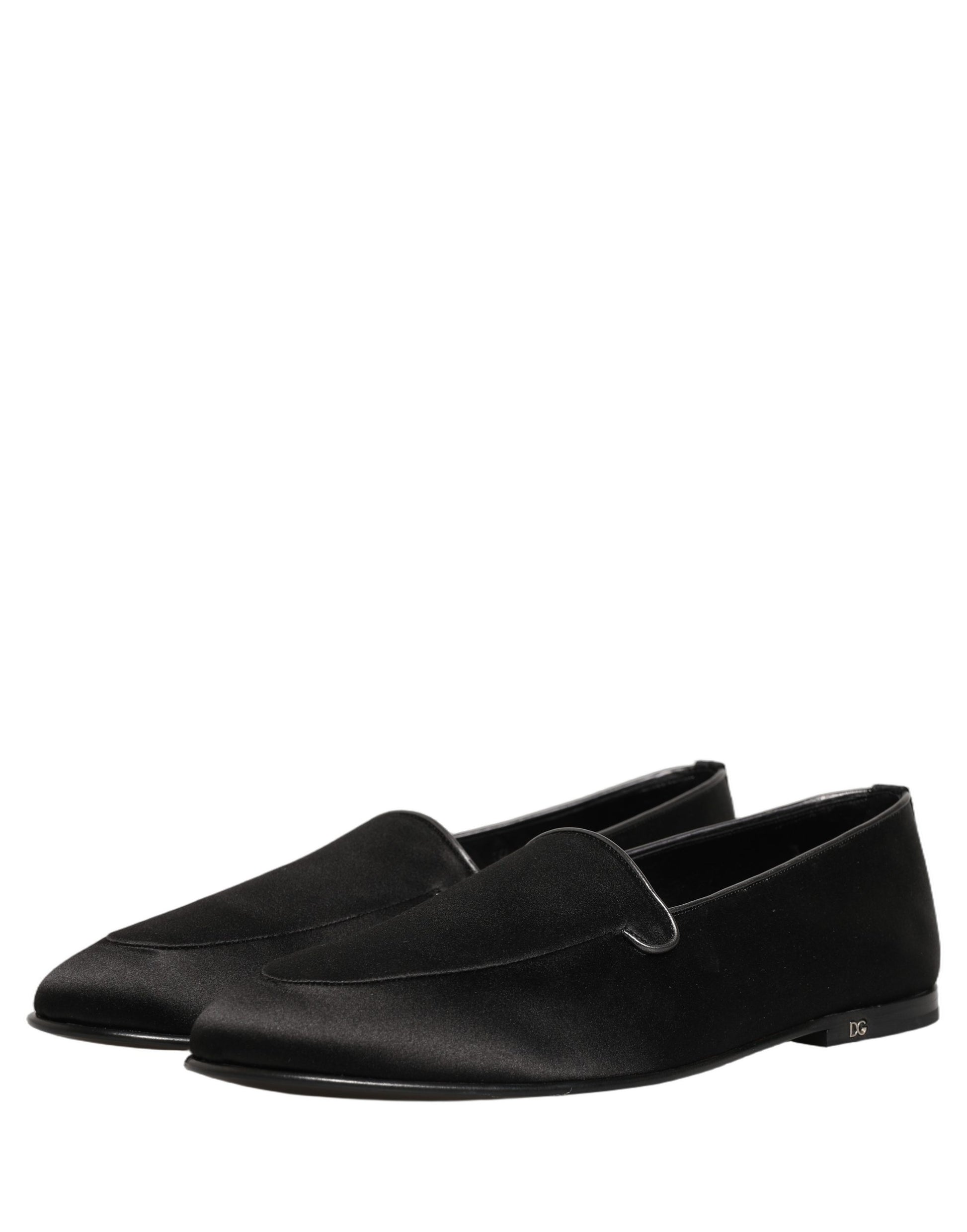 Dolce & Gabbana Black Satin Logo Slip On Flats Loafers Shoes Curated Luxury Accessories by Orvyn