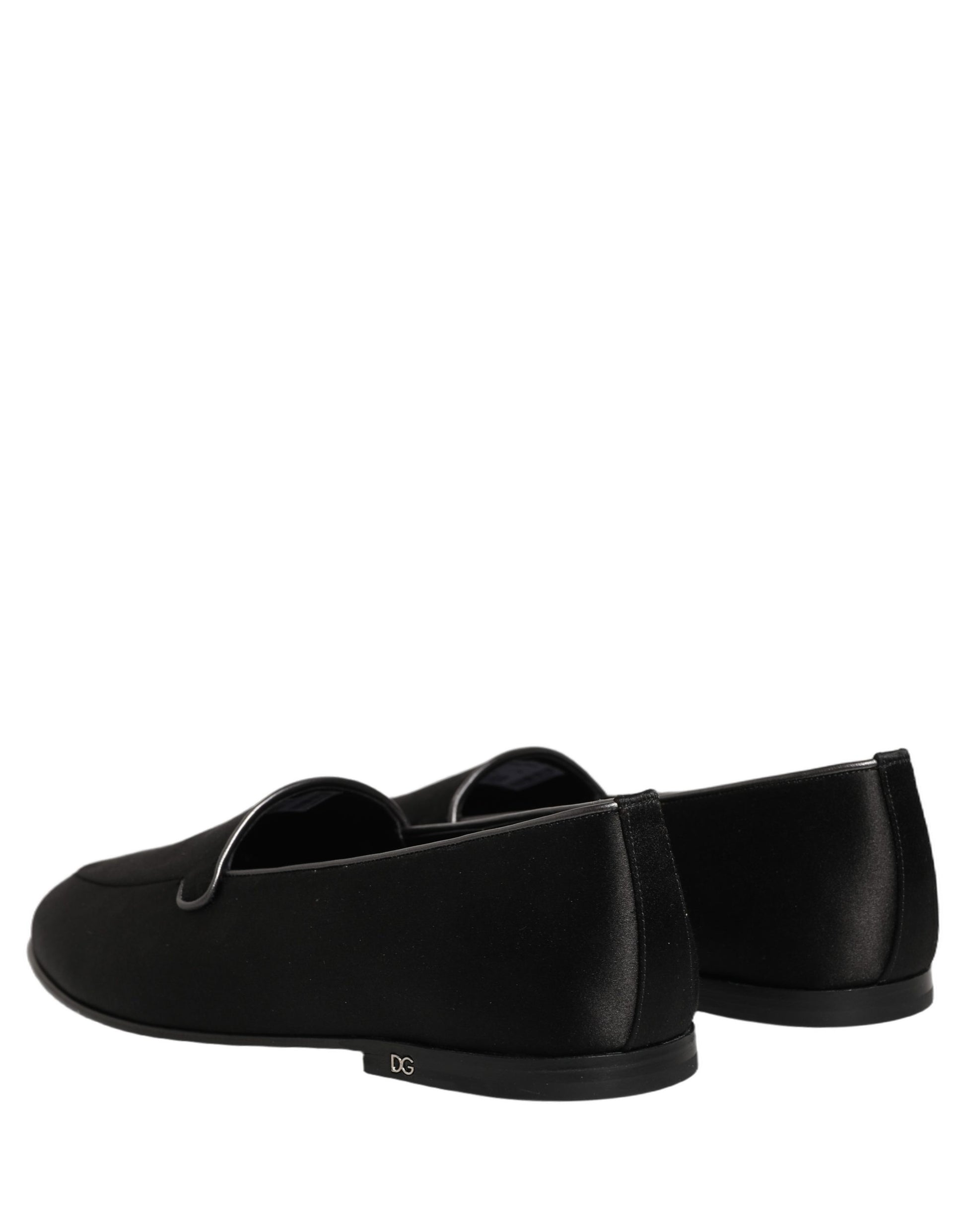 Dolce & Gabbana Black Satin Logo Slip On Flats Loafers Shoes Curated Luxury Accessories by Orvyn
