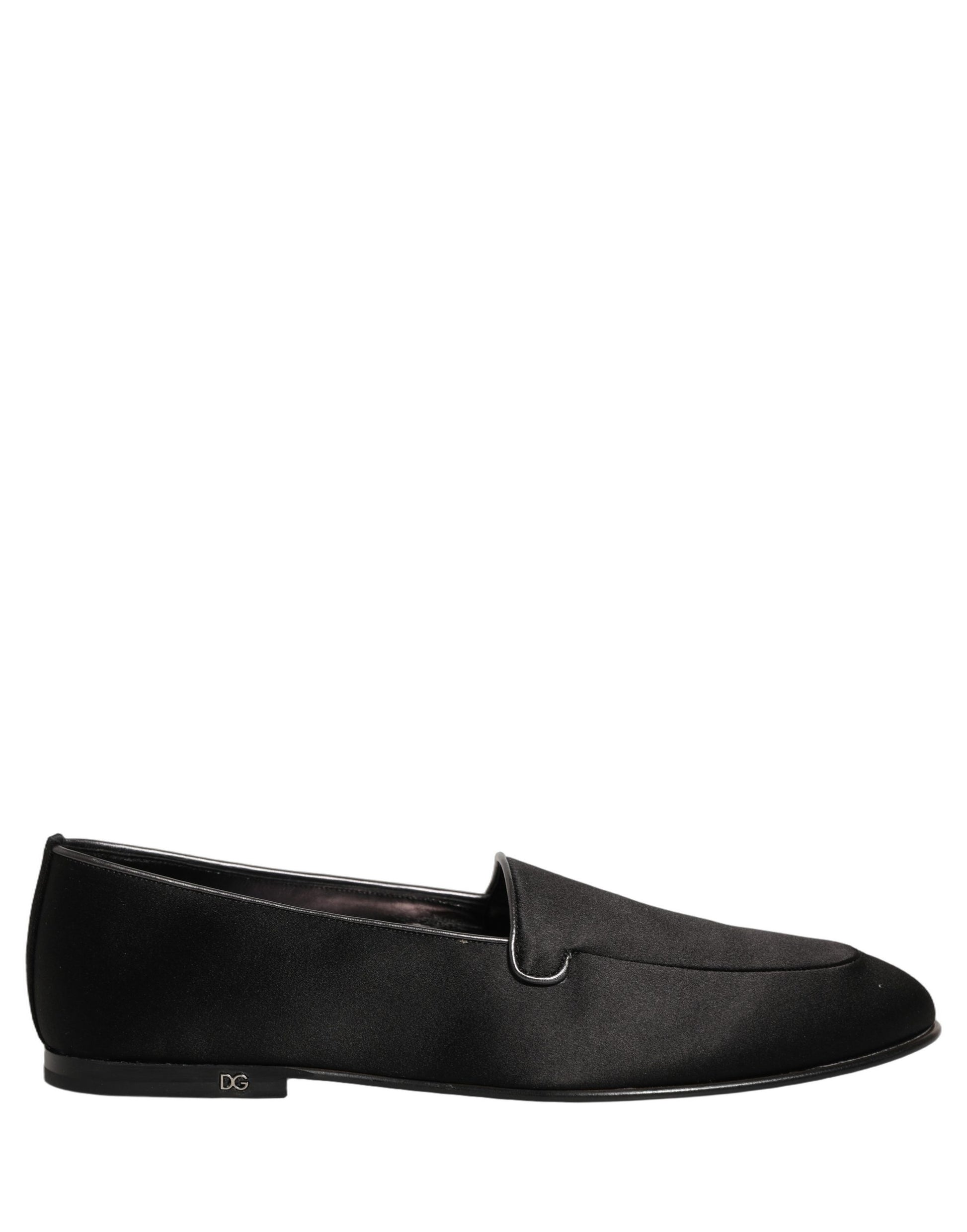 Dolce & Gabbana Black Satin Logo Slip On Flats Loafers Shoes Curated Luxury Accessories by Orvyn