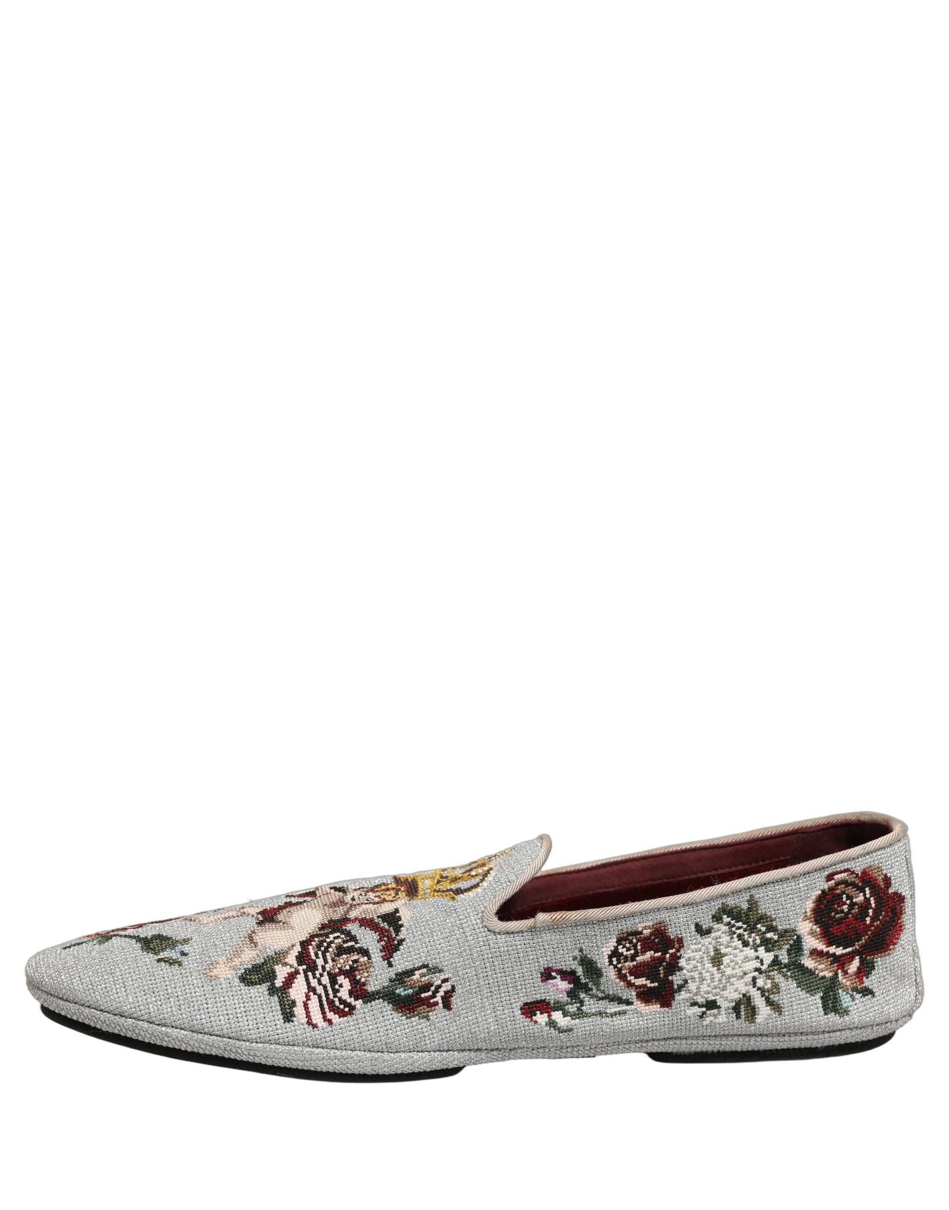 Dolce & Gabbana Gray Crown Rose Angel Embroidery Loafer Shoes Curated Luxury Accessories by Orvyn