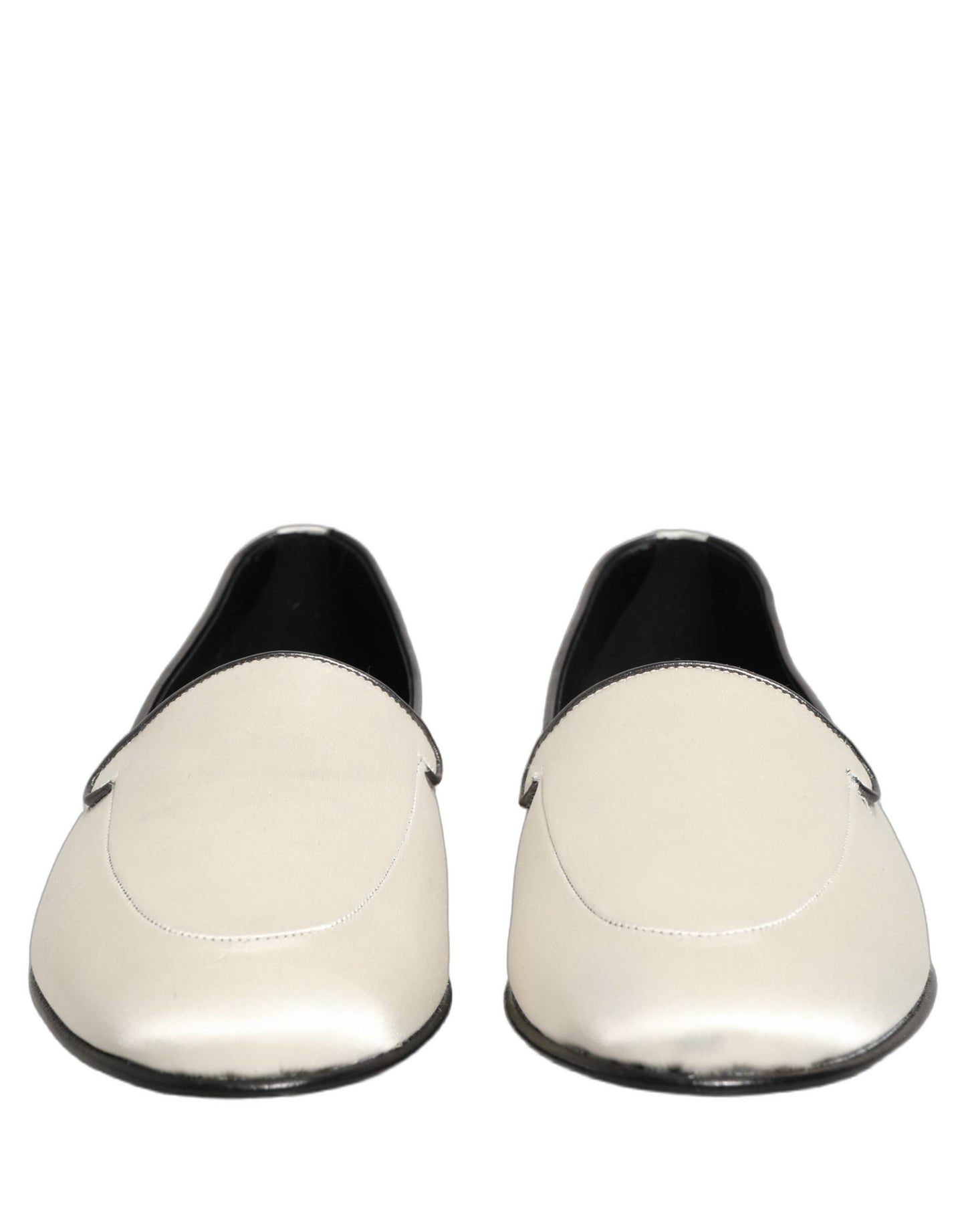 Dolce & Gabbana White Satin Logo Slip On Flats Loafers Shoes Curated Luxury Accessories by Orvyn