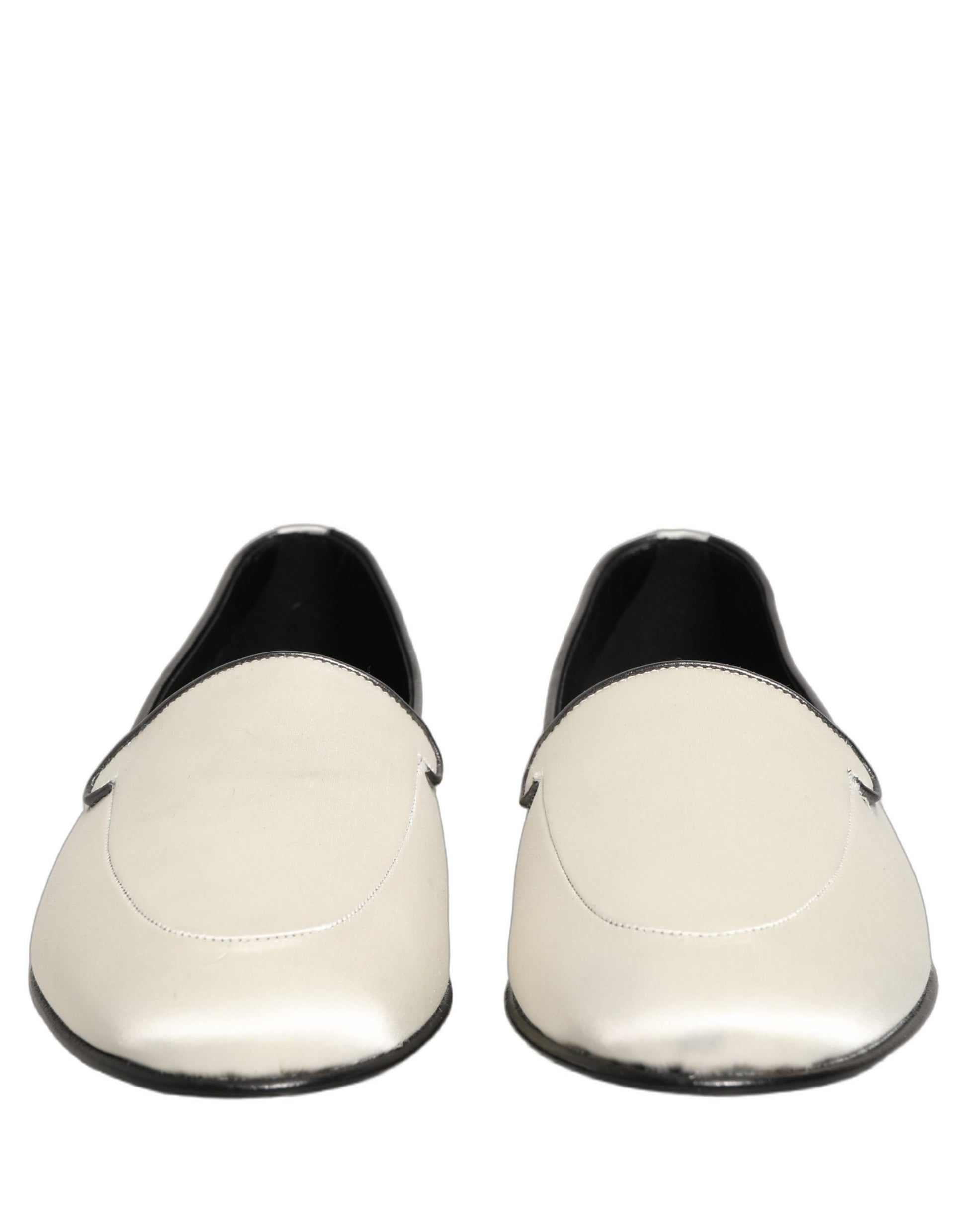 Dolce & Gabbana White Satin Logo Slip On Flats Loafers Shoes Curated Luxury Accessories by Orvyn