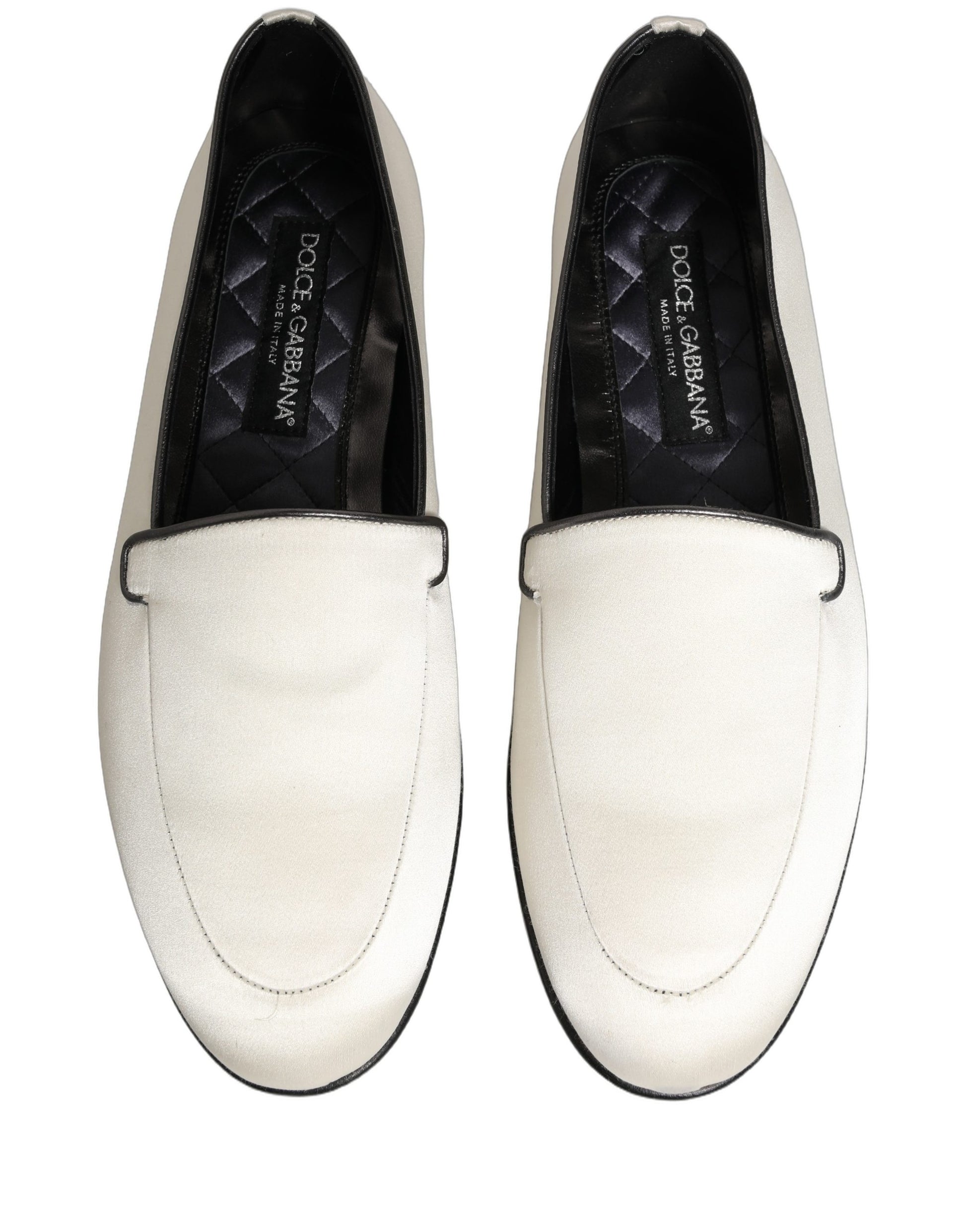 Dolce & Gabbana White Satin Logo Slip On Flats Loafers Shoes Curated Luxury Accessories by Orvyn