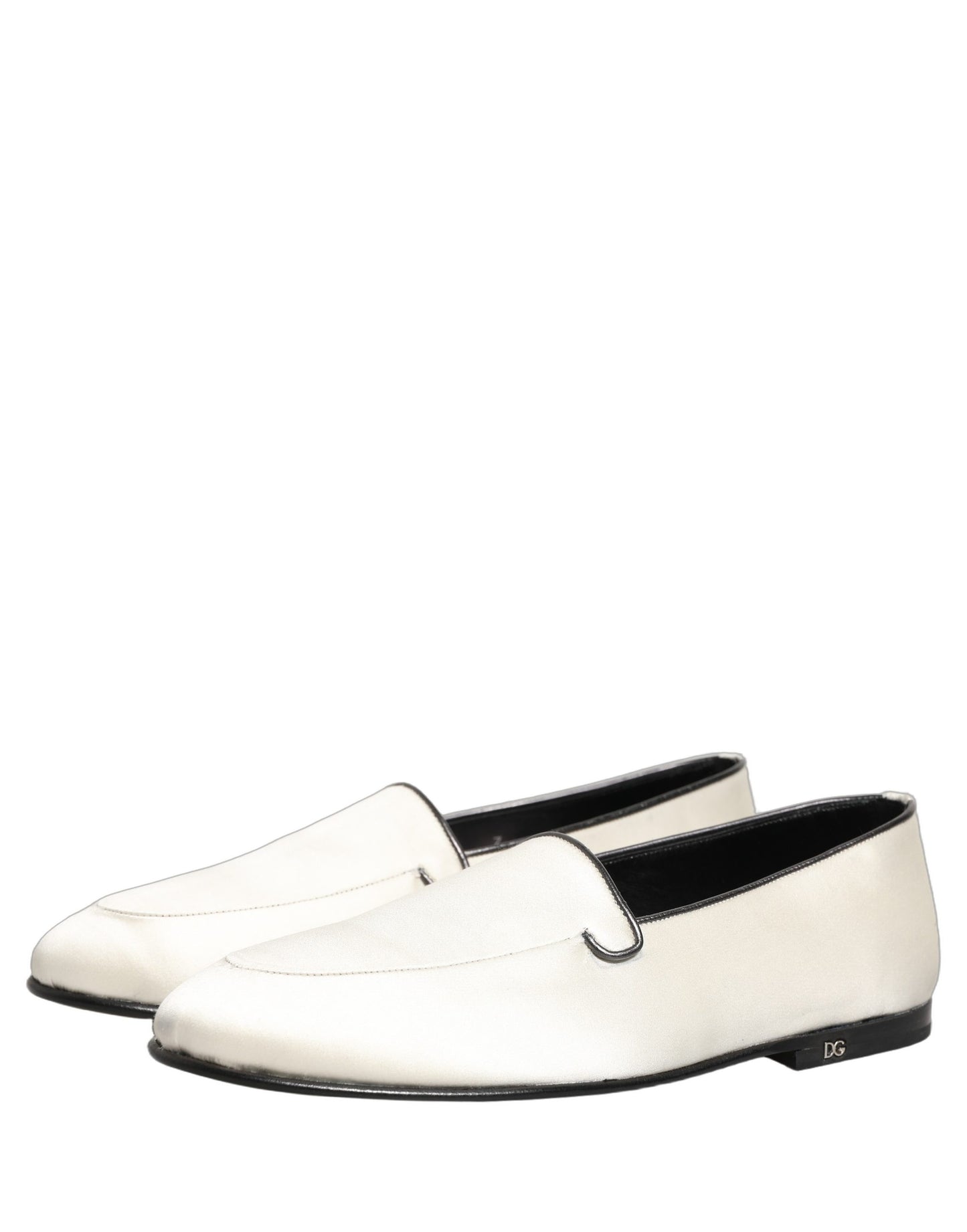 Dolce & Gabbana White Satin Logo Slip On Flats Loafers Shoes Curated Luxury Accessories by Orvyn