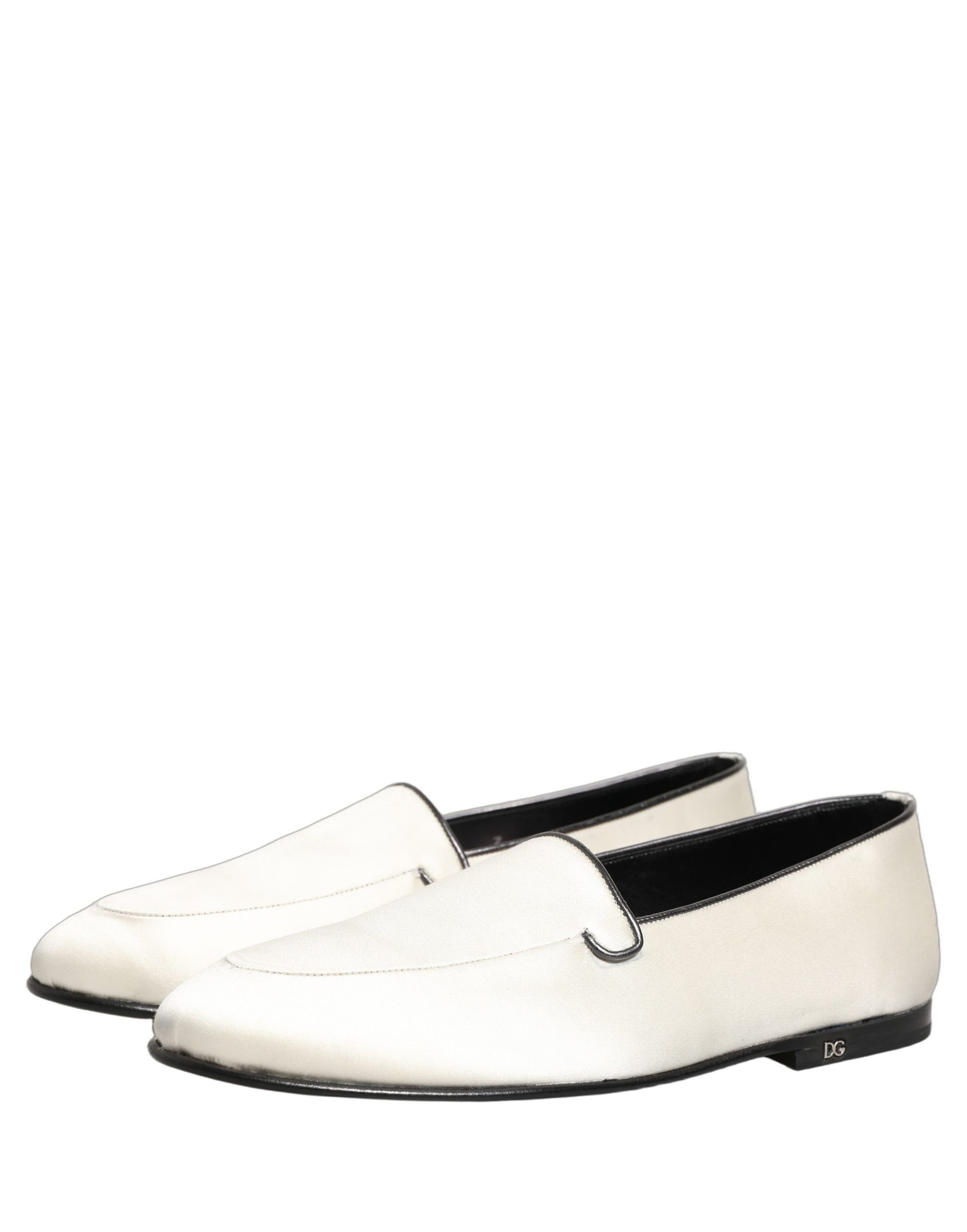 Dolce & Gabbana White Satin Logo Slip On Flats Loafers Shoes Curated Luxury Accessories by Orvyn