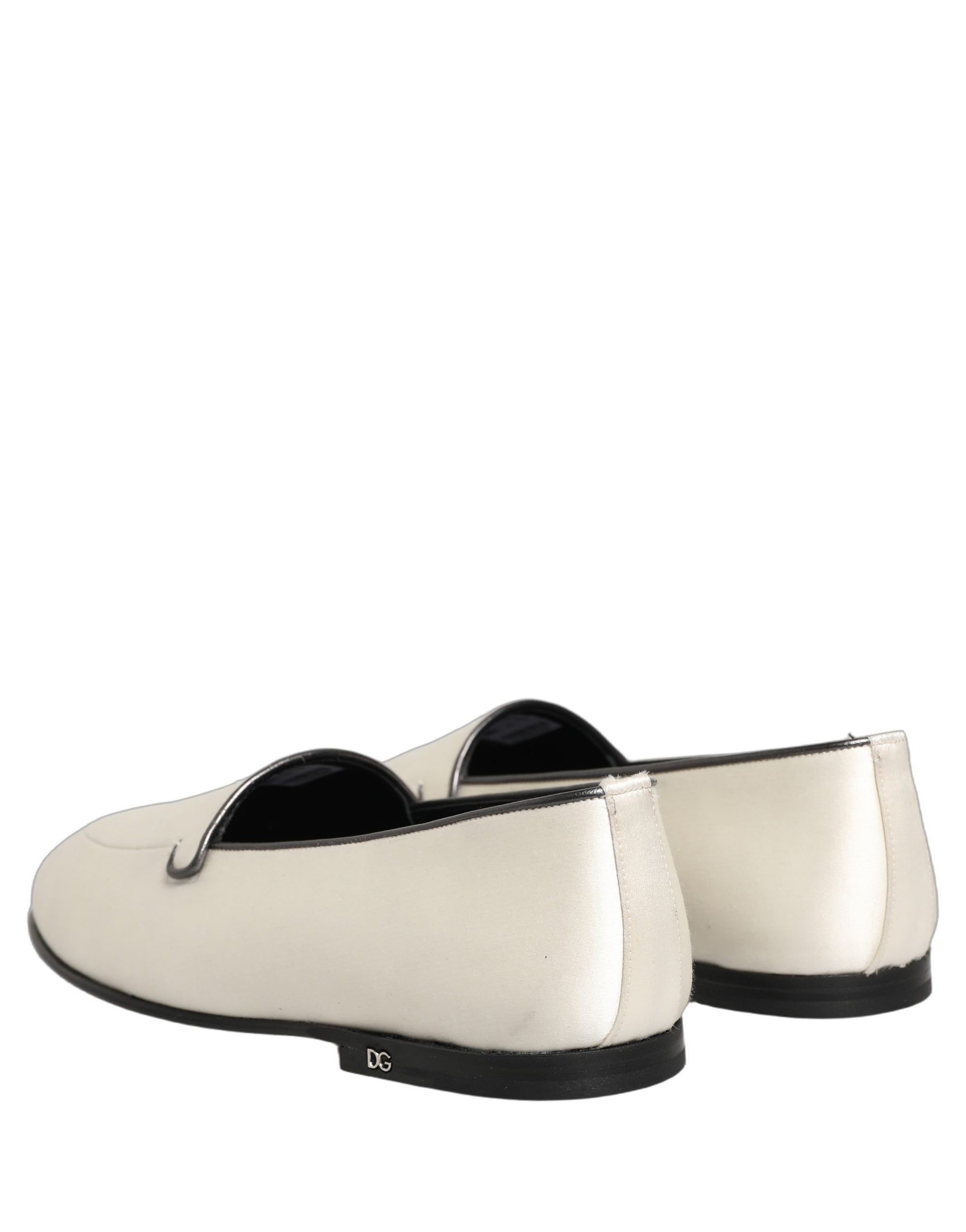 Dolce & Gabbana White Satin Logo Slip On Flats Loafers Shoes Curated Luxury Accessories by Orvyn