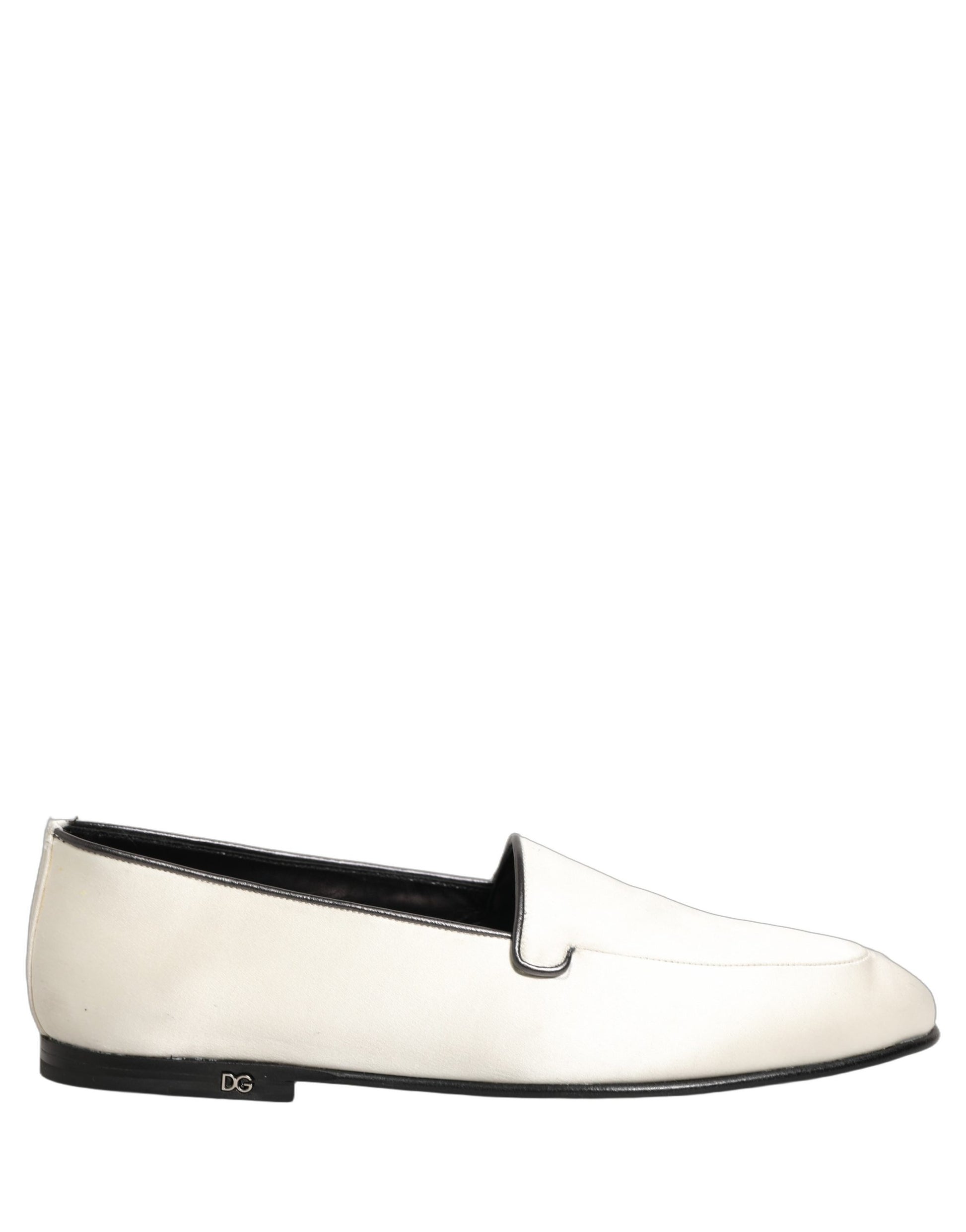 Dolce & Gabbana White Satin Logo Slip On Flats Loafers Shoes Curated Luxury Accessories by Orvyn