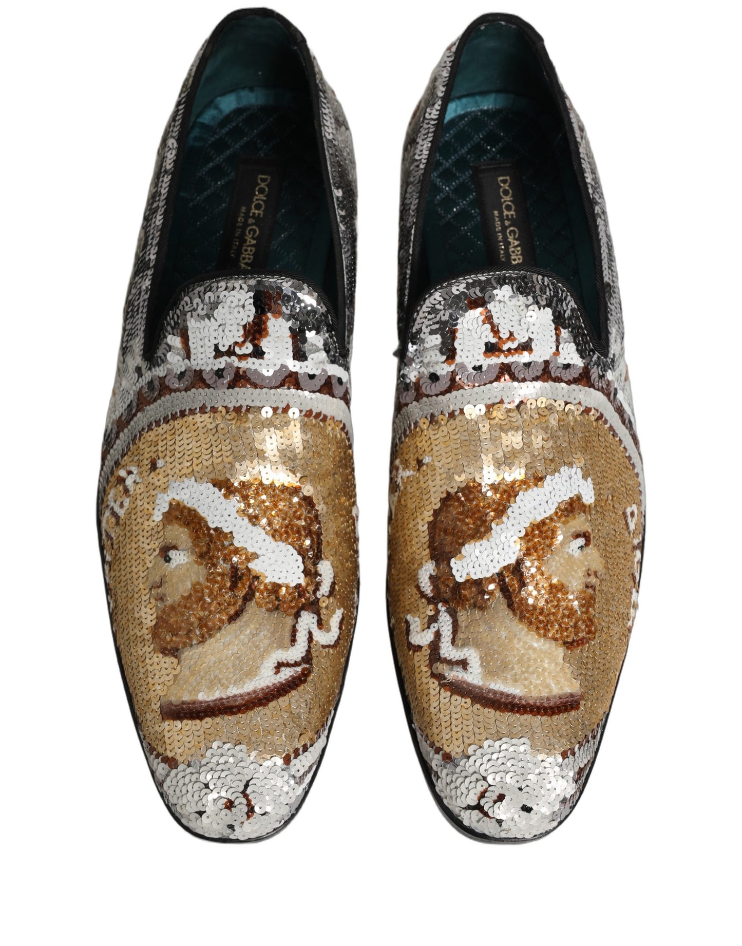 Dolce & Gabbana White Gold Sequined Slip On Loafers Shoes Curated Luxury Accessories by Orvyn