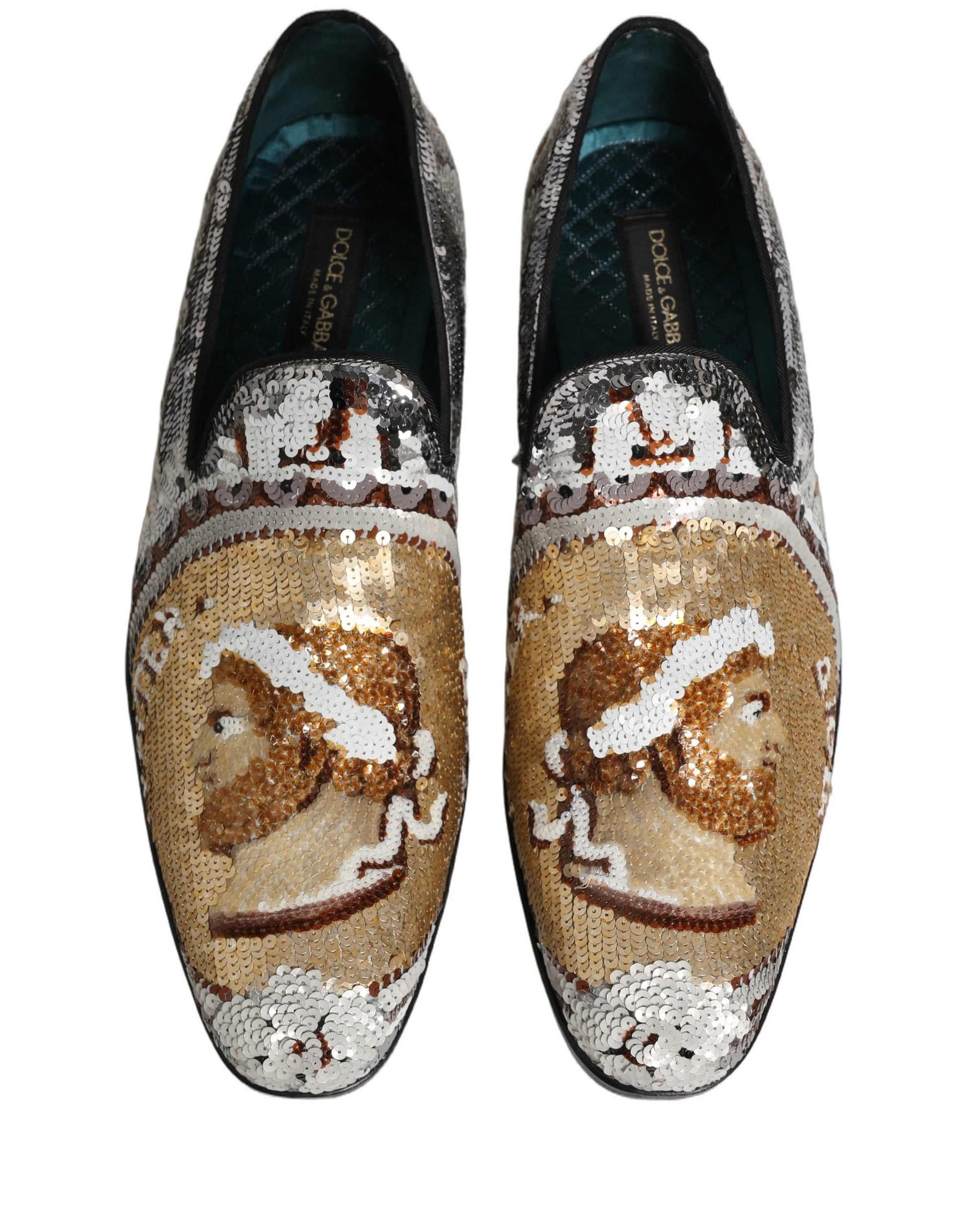 Dolce & Gabbana White Gold Sequined Slip On Loafers Shoes Curated Luxury Accessories by Orvyn