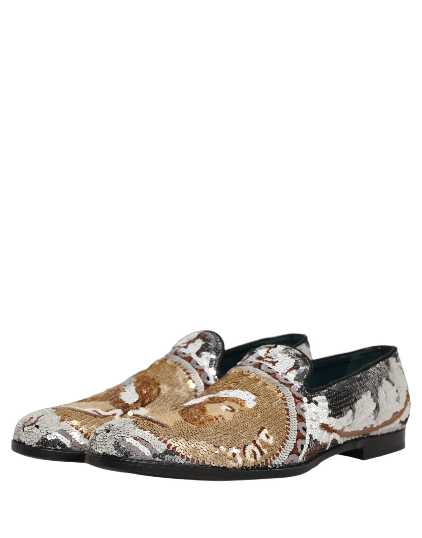 Dolce & Gabbana White Gold Sequined Slip On Loafers Shoes Curated Luxury Accessories by Orvyn