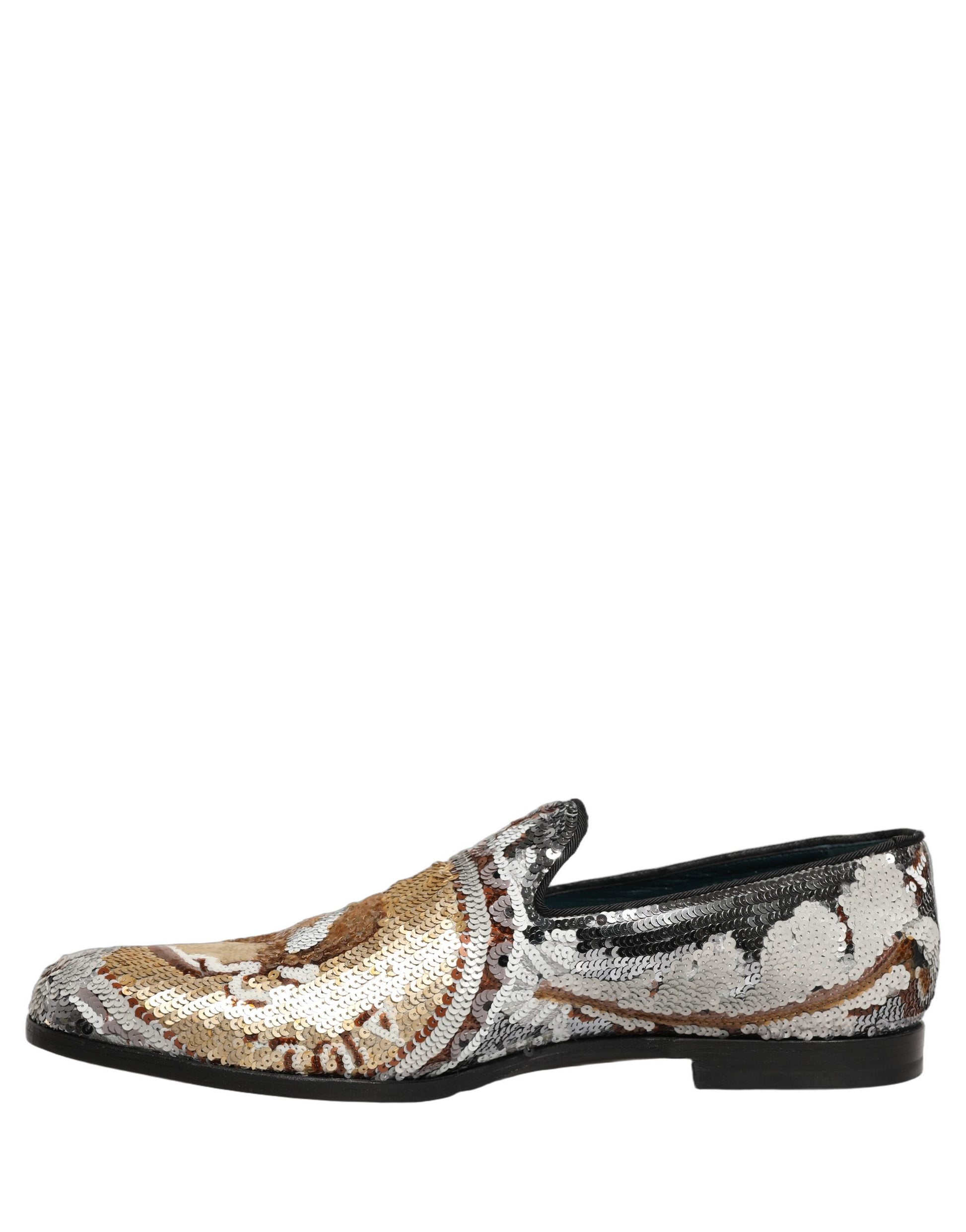 Dolce & Gabbana White Gold Sequined Slip On Loafers Shoes Curated Luxury Accessories by Orvyn