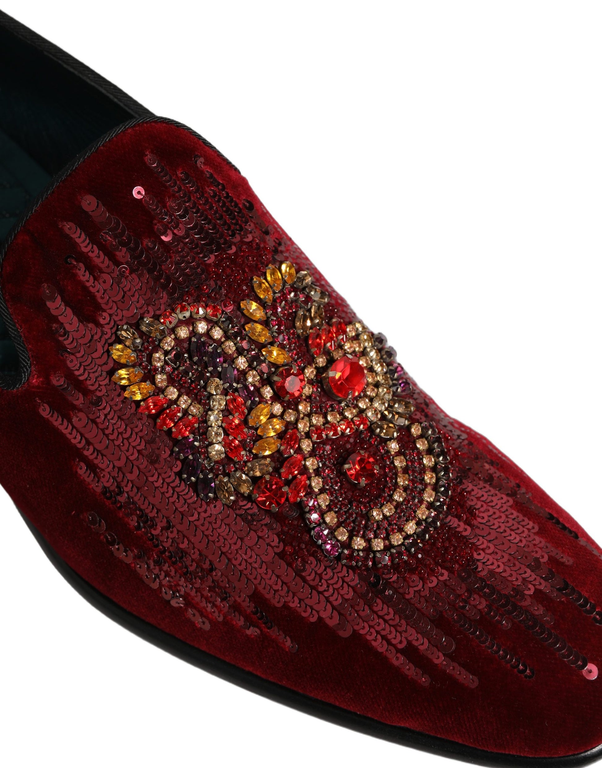 Dolce & Gabbana Maroon Sequin Gemstone Dress Loafers Shoes Curated Luxury Accessories by Orvyn
