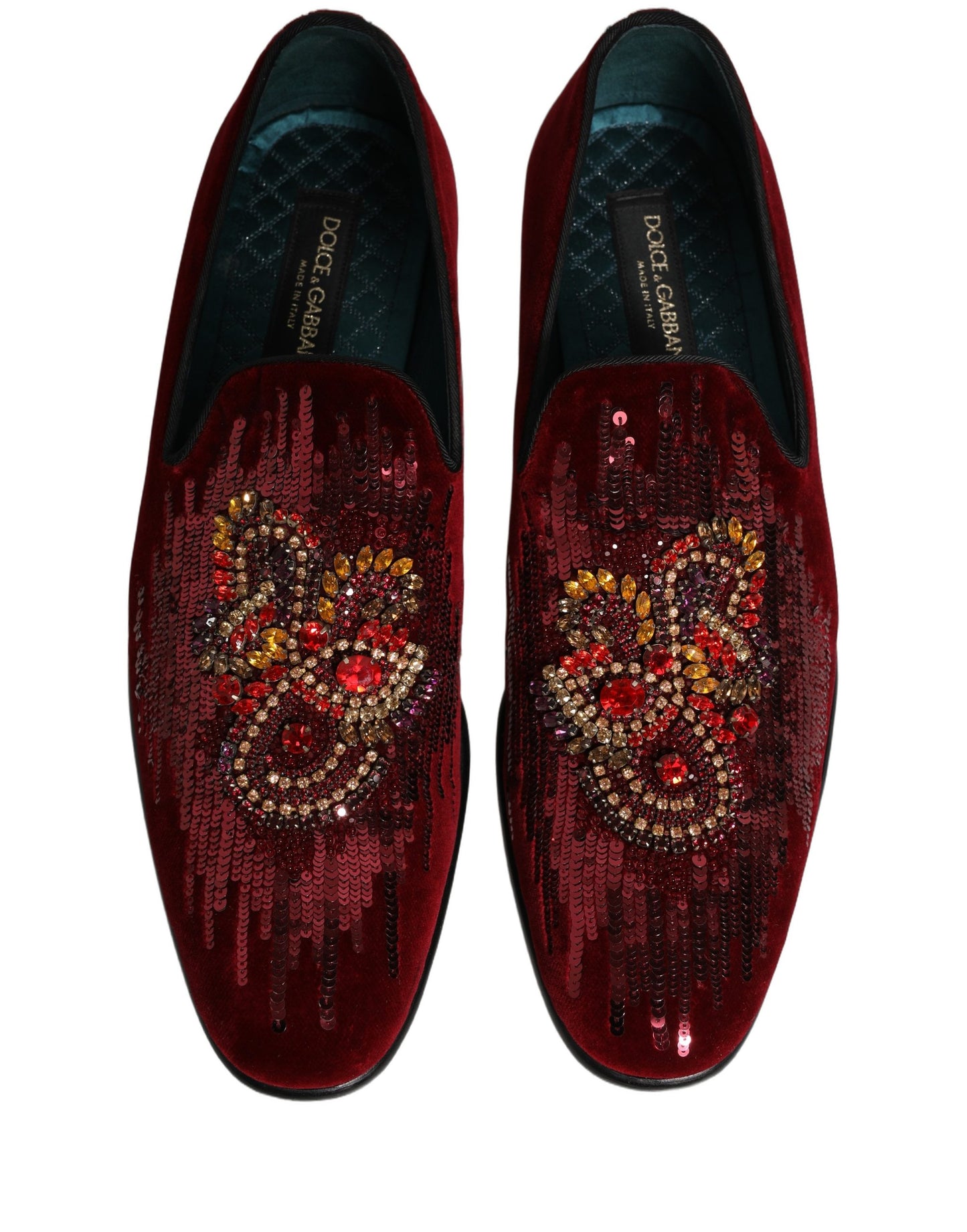 Dolce & Gabbana Maroon Sequin Gemstone Dress Loafers Shoes Curated Luxury Accessories by Orvyn