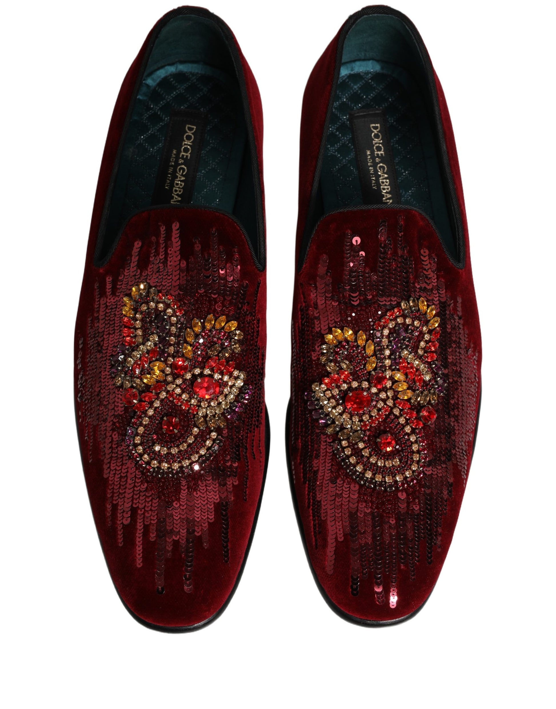 Dolce & Gabbana Maroon Sequin Gemstone Dress Loafers Shoes Curated Luxury Accessories by Orvyn