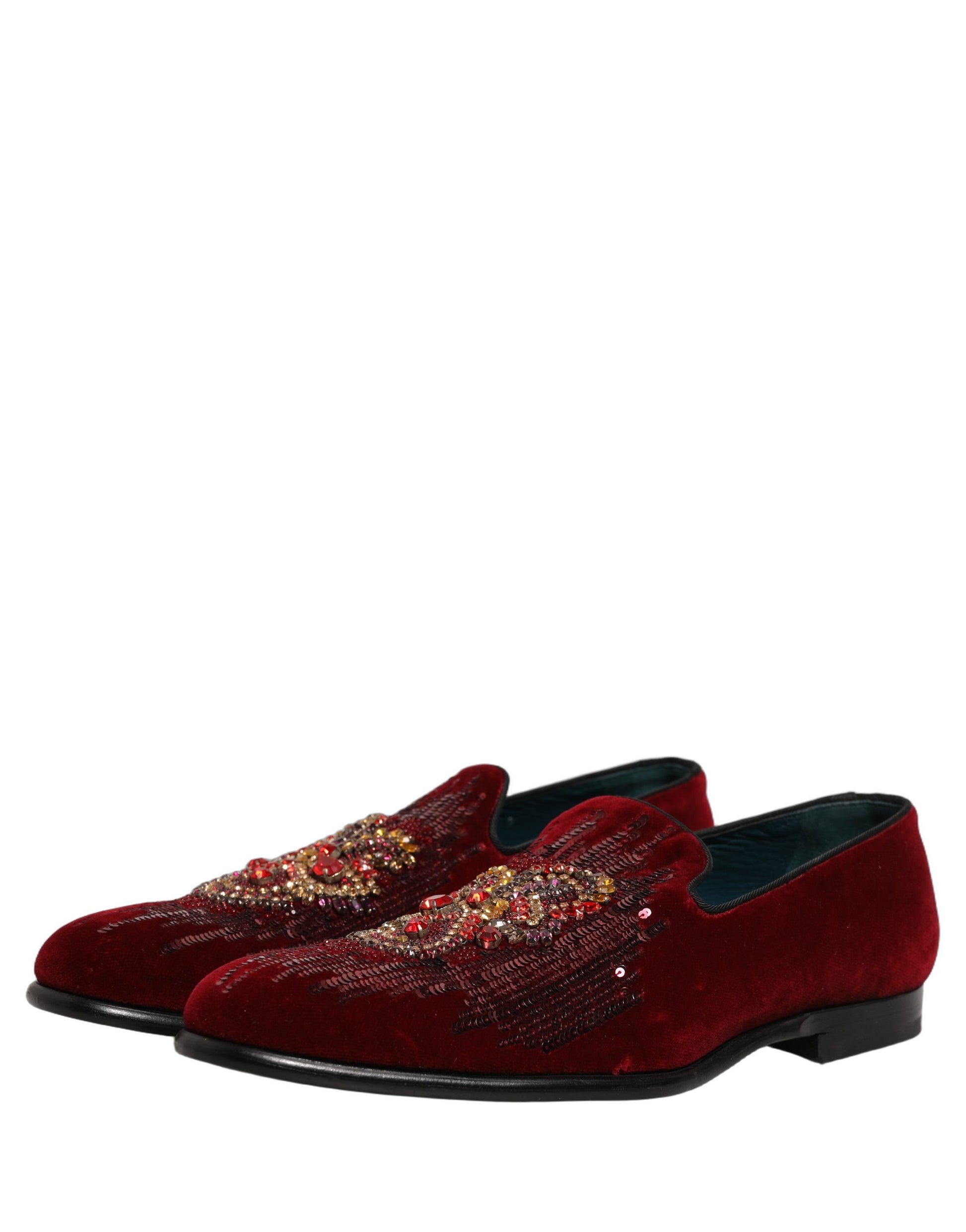 Dolce & Gabbana Maroon Sequin Gemstone Dress Loafers Shoes Curated Luxury Accessories by Orvyn