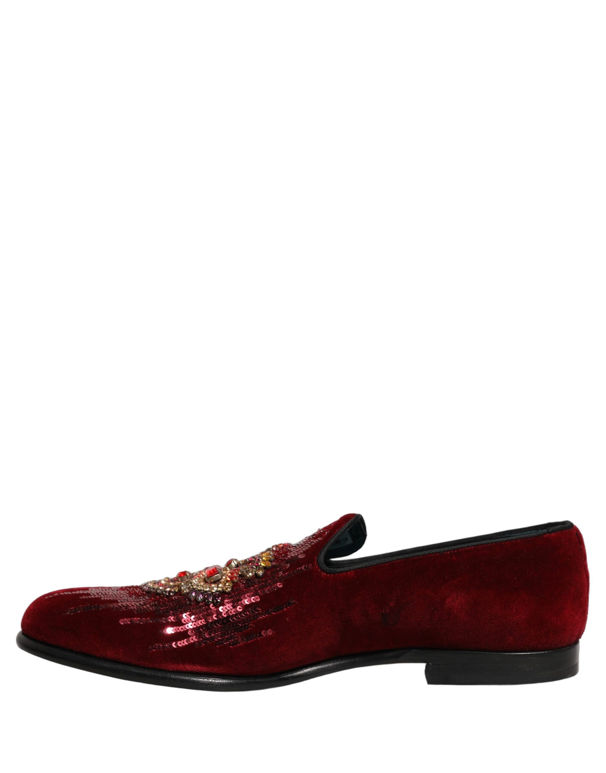Dolce & Gabbana Maroon Sequin Gemstone Dress Loafers Shoes Curated Luxury Accessories by Orvyn