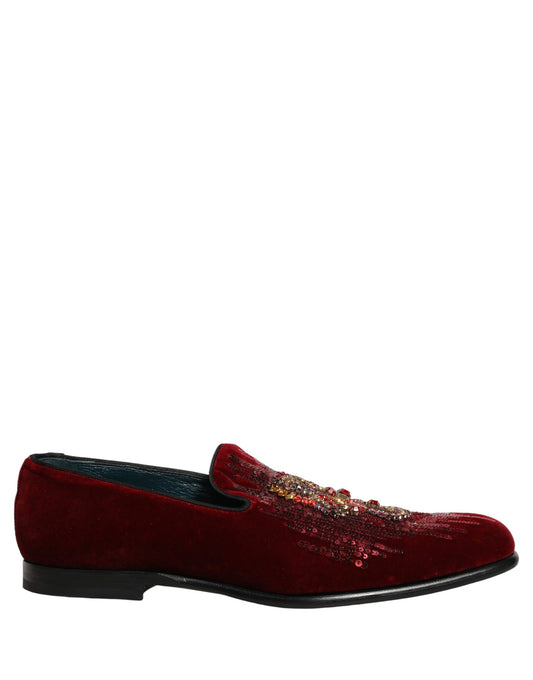 Dolce & Gabbana Maroon Sequin Gemstone Dress Loafers Shoes Curated Luxury Accessories by Orvyn