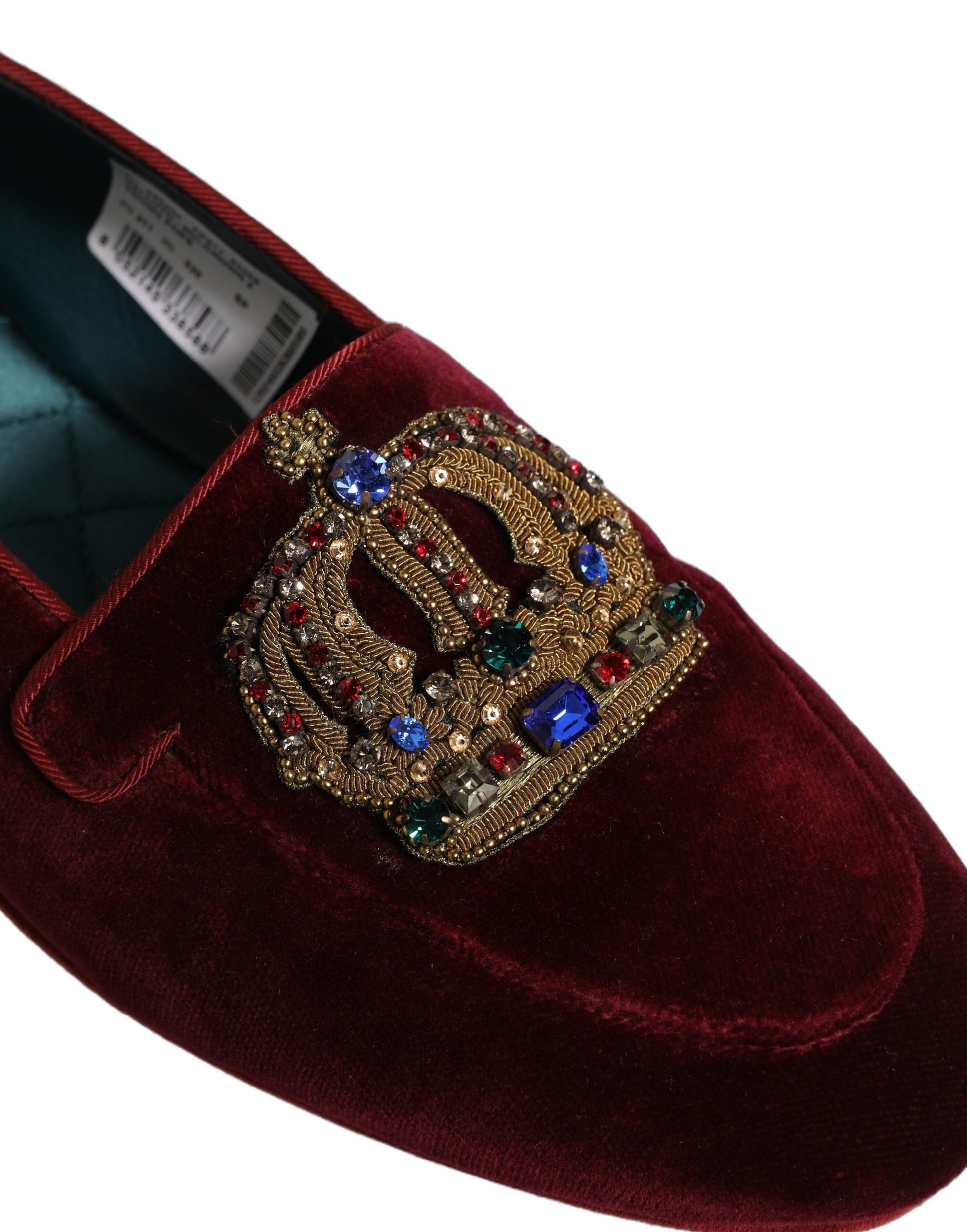 Dolce & Gabbana Burgundy Velvet Crown Slip On Loafers Shoes Curated Luxury Accessories by Orvyn