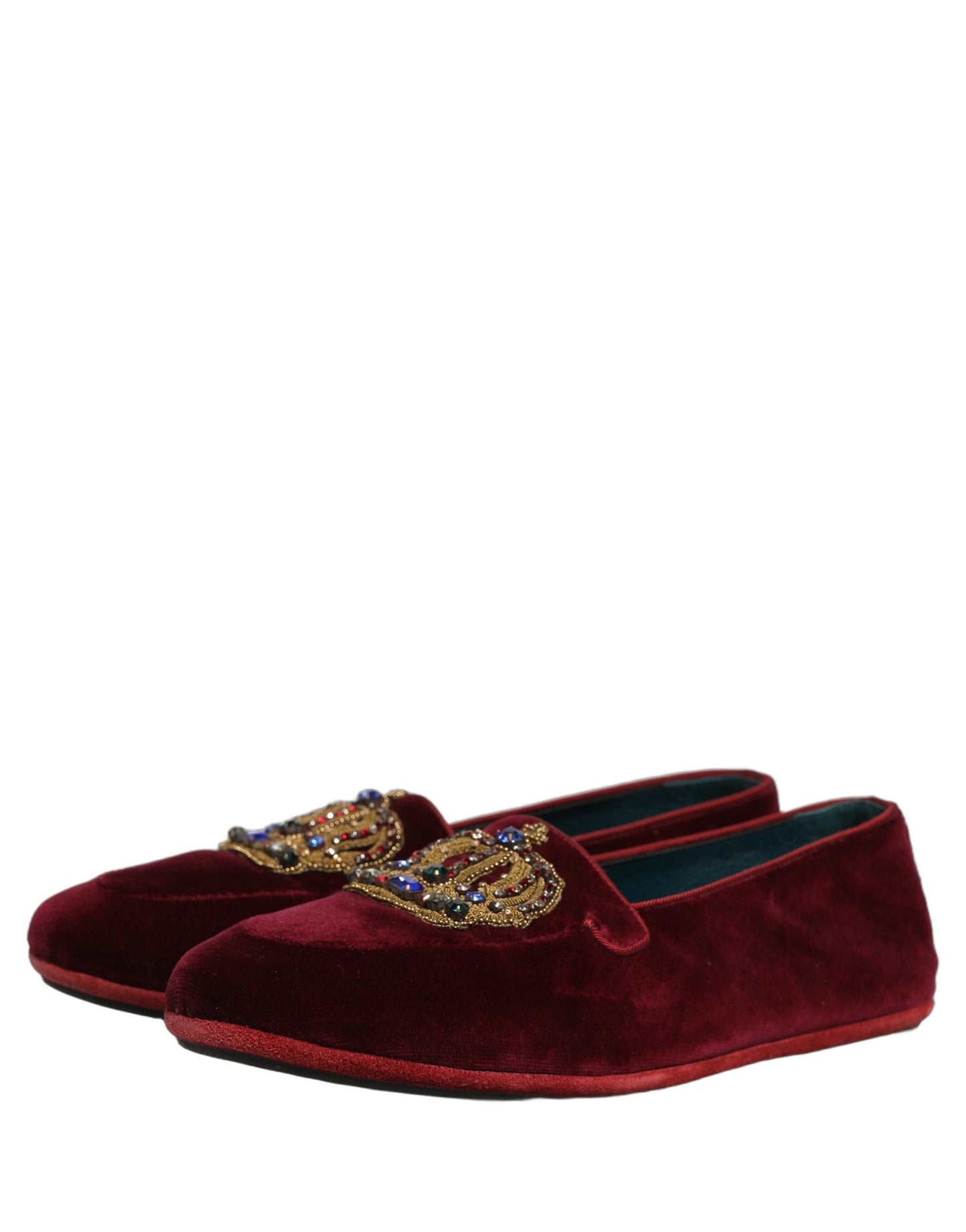 Dolce & Gabbana Burgundy Velvet Crown Slip On Loafers Shoes Curated Luxury Accessories by Orvyn