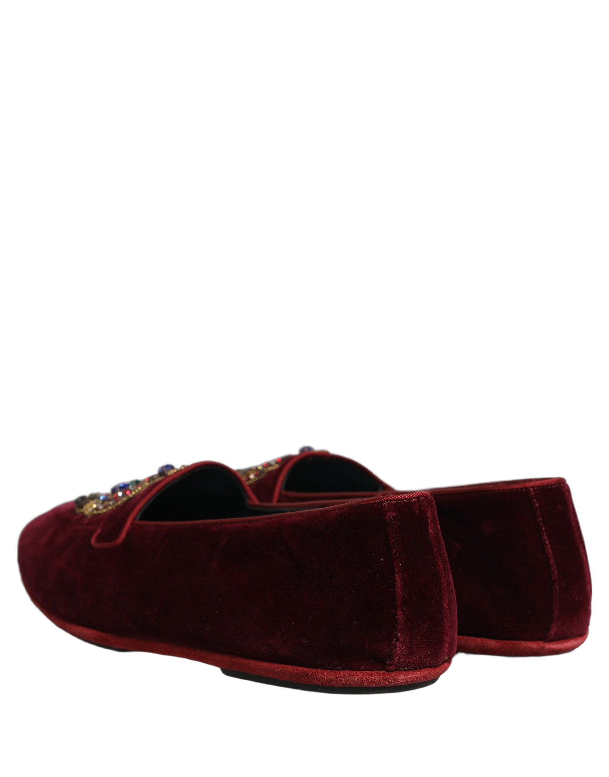Dolce & Gabbana Burgundy Velvet Crown Slip On Loafers Shoes Curated Luxury Accessories by Orvyn