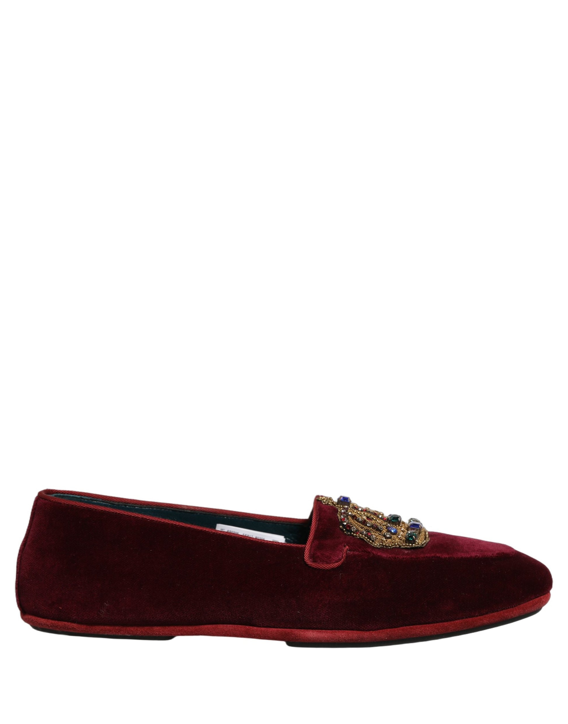 Dolce & Gabbana Burgundy Velvet Crown Slip On Loafers Shoes Curated Luxury Accessories by Orvyn