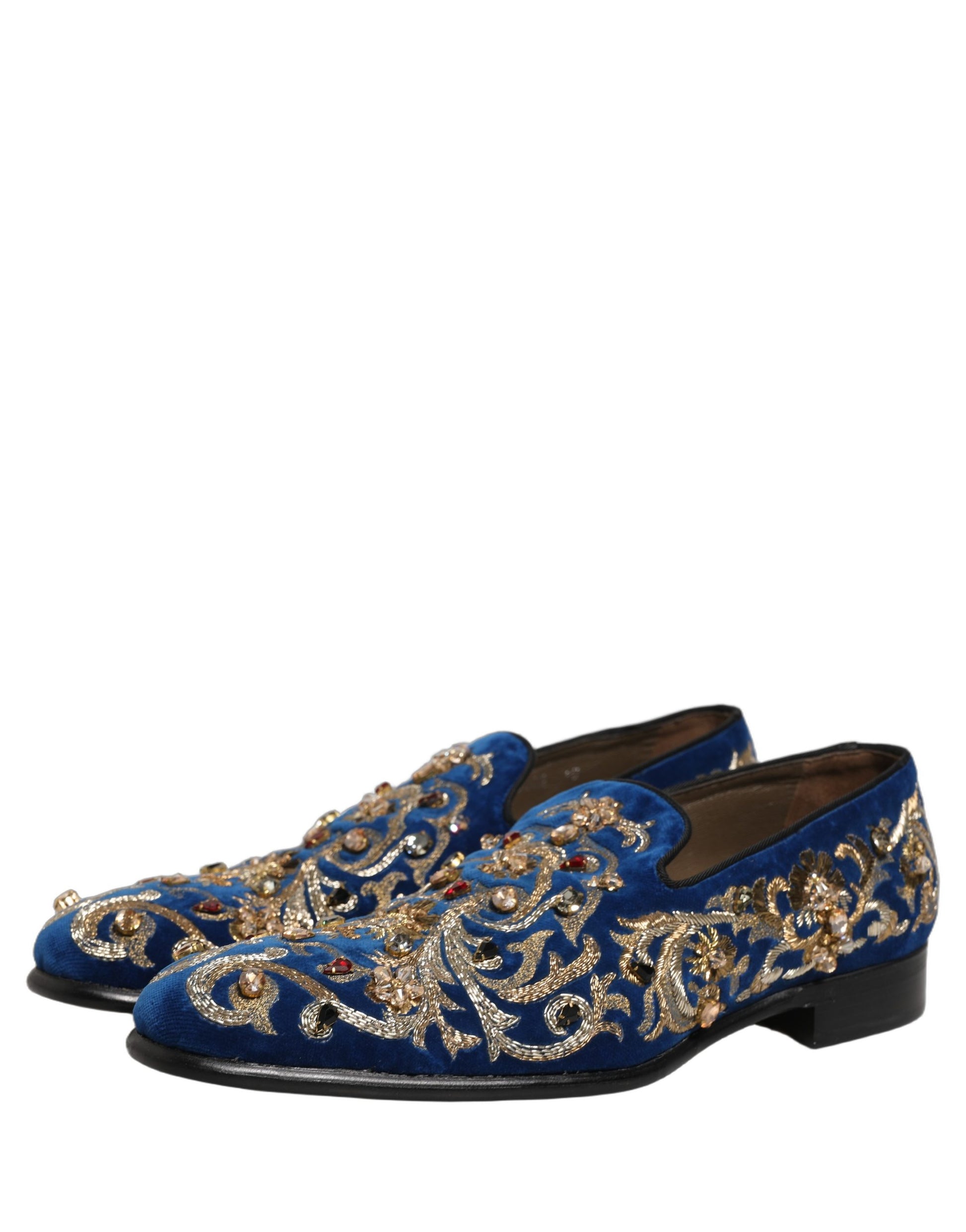 Dolce & Gabbana Blue Velvet Embellished Dress Loafers Shoes Curated Luxury Accessories by Orvyn