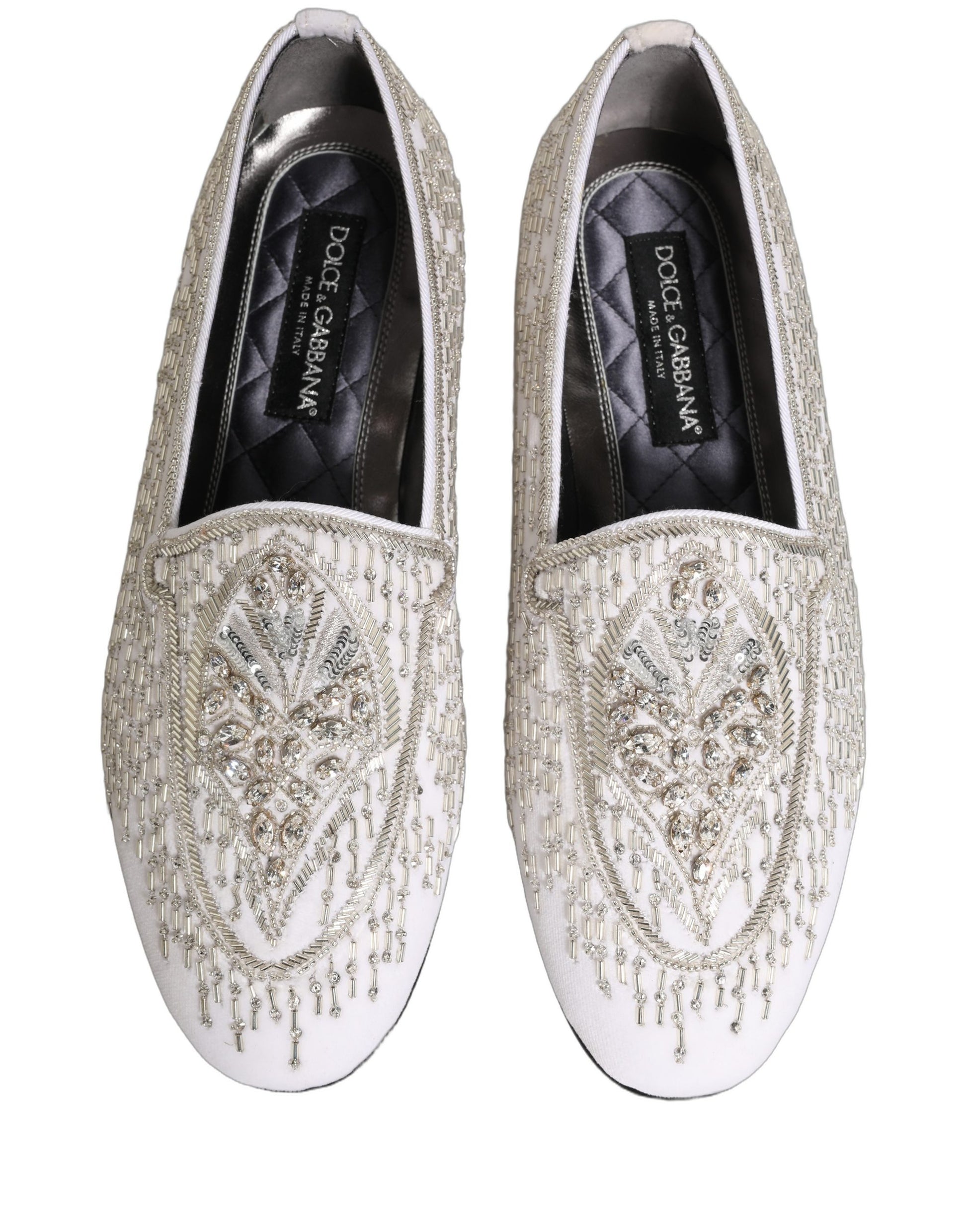 Dolce & Gabbana White Satin Embellished Dress Loafers Shoes Curated Luxury Accessories by Orvyn