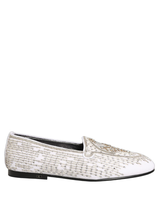 Dolce & Gabbana White Satin Embellished Dress Loafers Shoes Curated Luxury Accessories by Orvyn