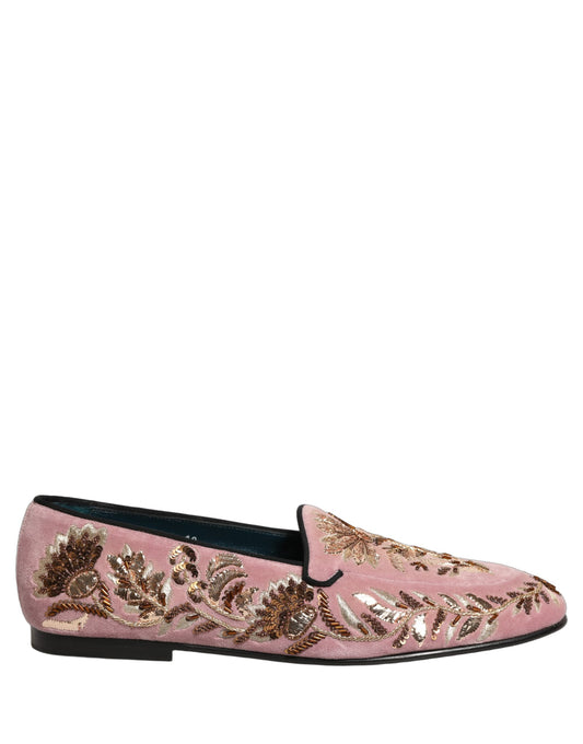 Dolce & Gabbana Pink Velvet Floral Embroidery Loafers Shoes Curated Luxury Accessories by Orvyn