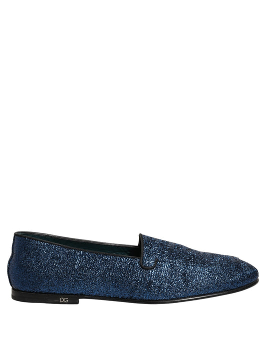 Dolce & Gabbana Blue Glitter Lurex DG Logo Dress Loafers Shoes Curated Luxury Accessories by Orvyn