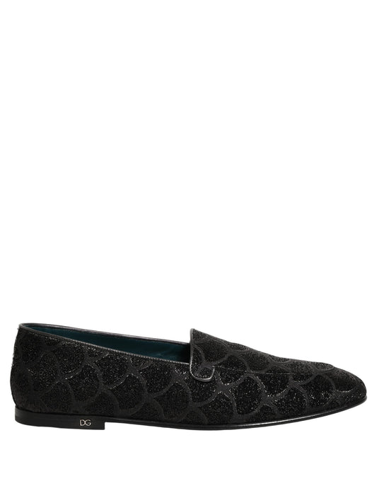 Dolce & Gabbana Black Glitter Brocade Men Dress Loafers Shoes Curated Luxury Accessories by Orvyn