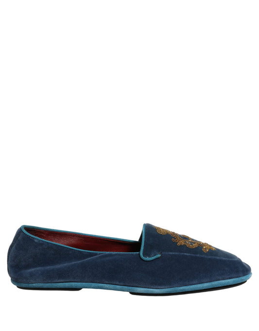 Dolce & Gabbana Blue Velvet Crown Embroidery Loafers Shoes Curated Luxury Accessories by Orvyn