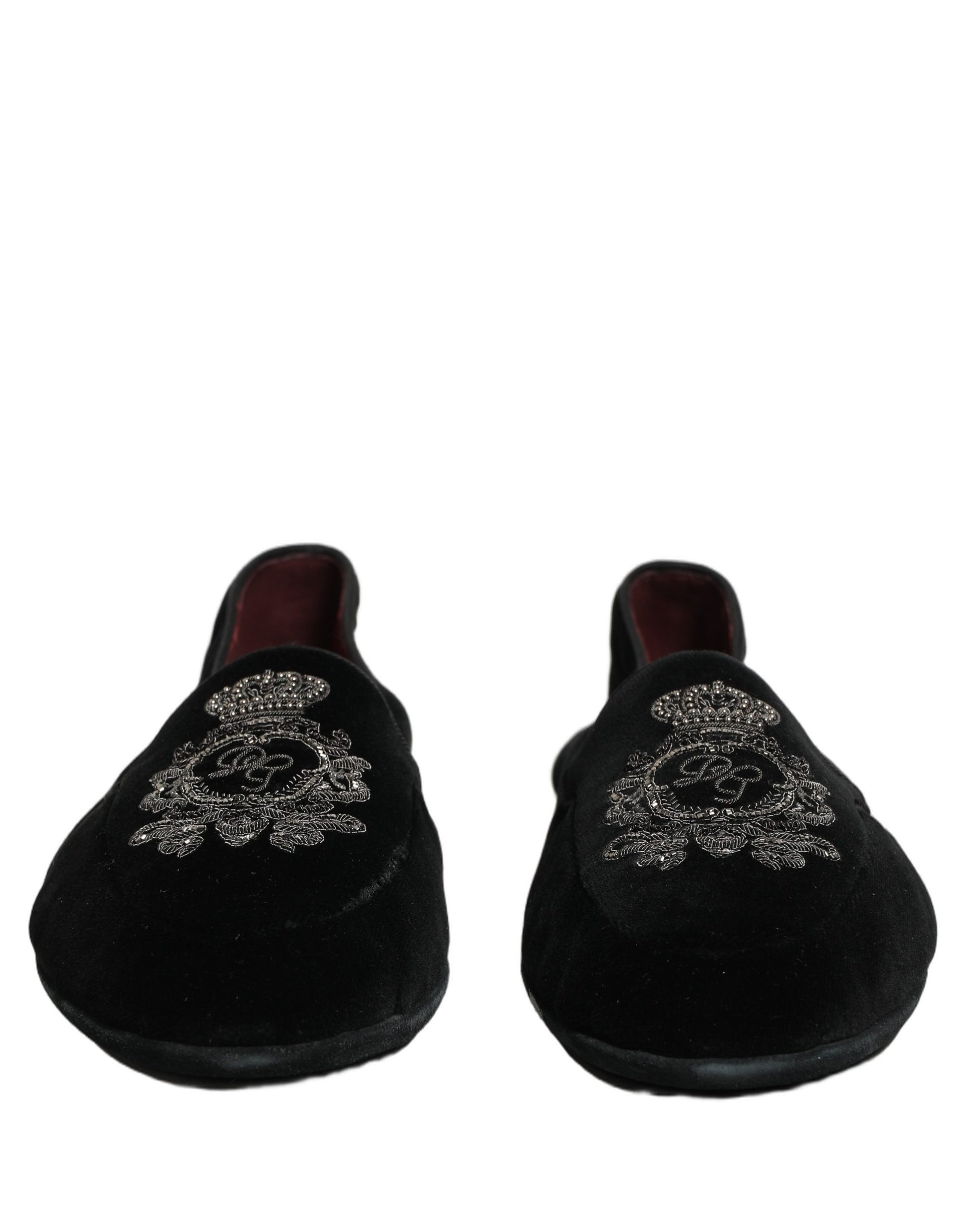 Dolce & Gabbana Black Velvet Crown Embroidery Loafers Shoes Curated Luxury Accessories by Orvyn
