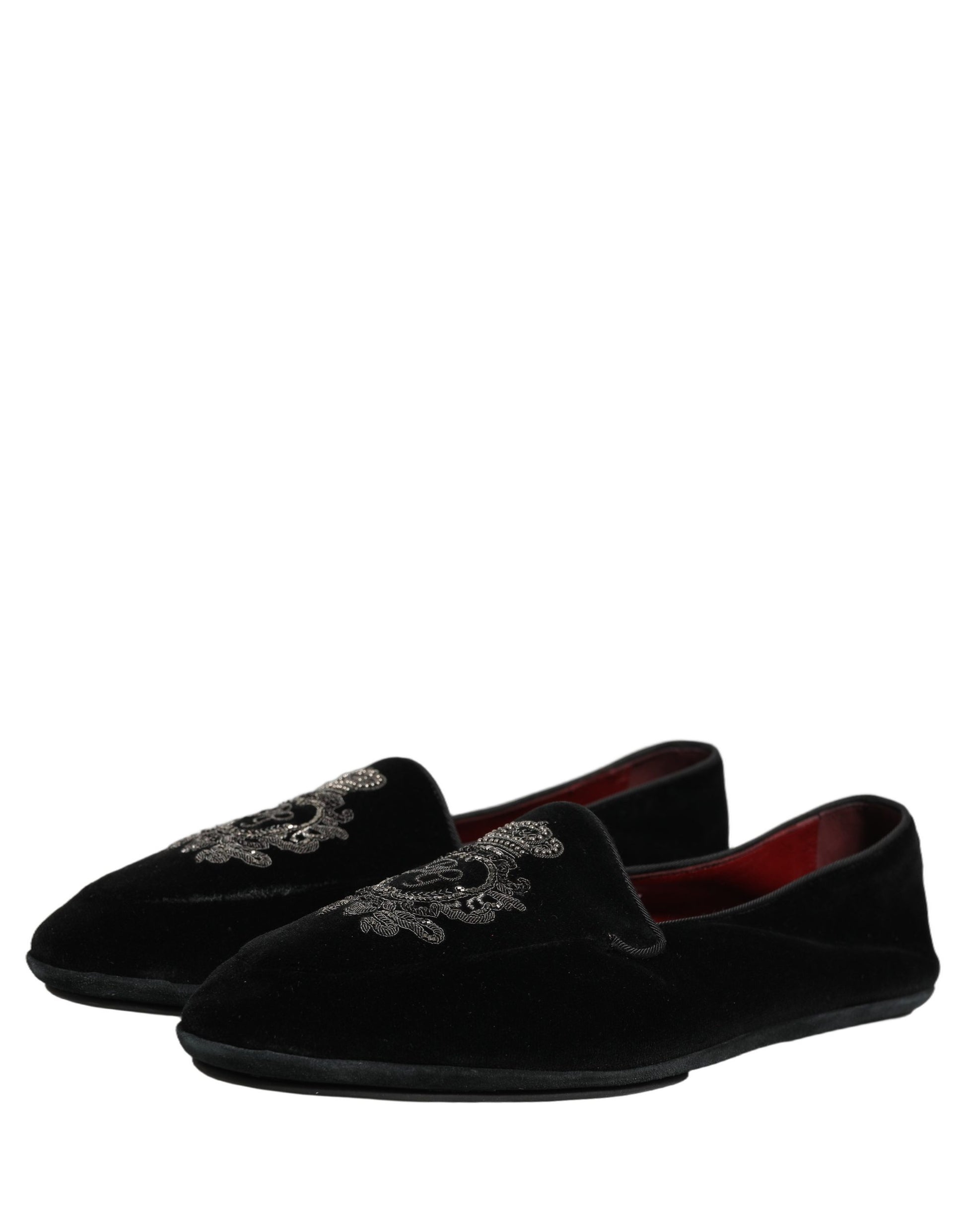 Dolce & Gabbana Black Velvet Crown Embroidery Loafers Shoes Curated Luxury Accessories by Orvyn