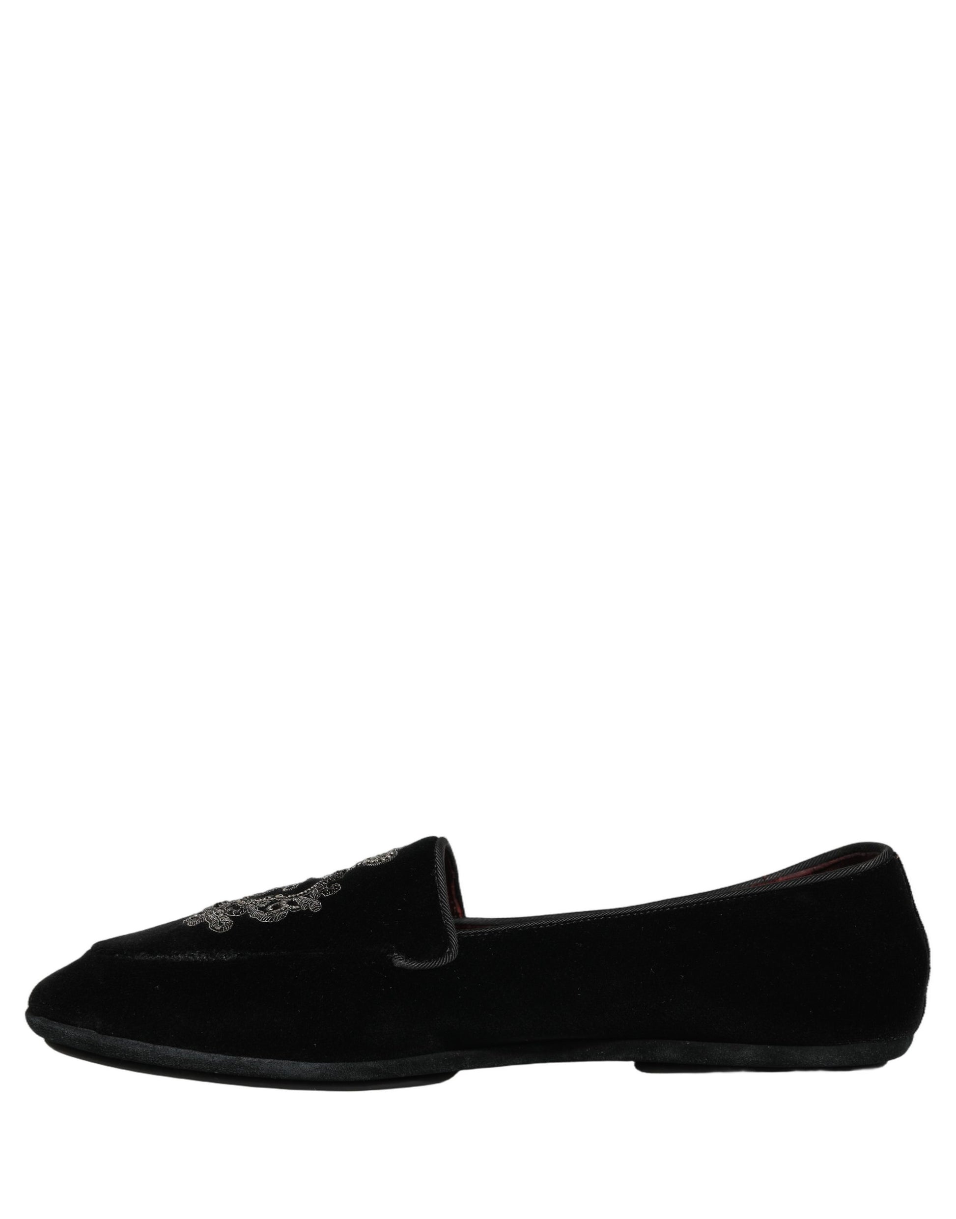 Dolce & Gabbana Black Velvet Crown Embroidery Loafers Shoes Curated Luxury Accessories by Orvyn